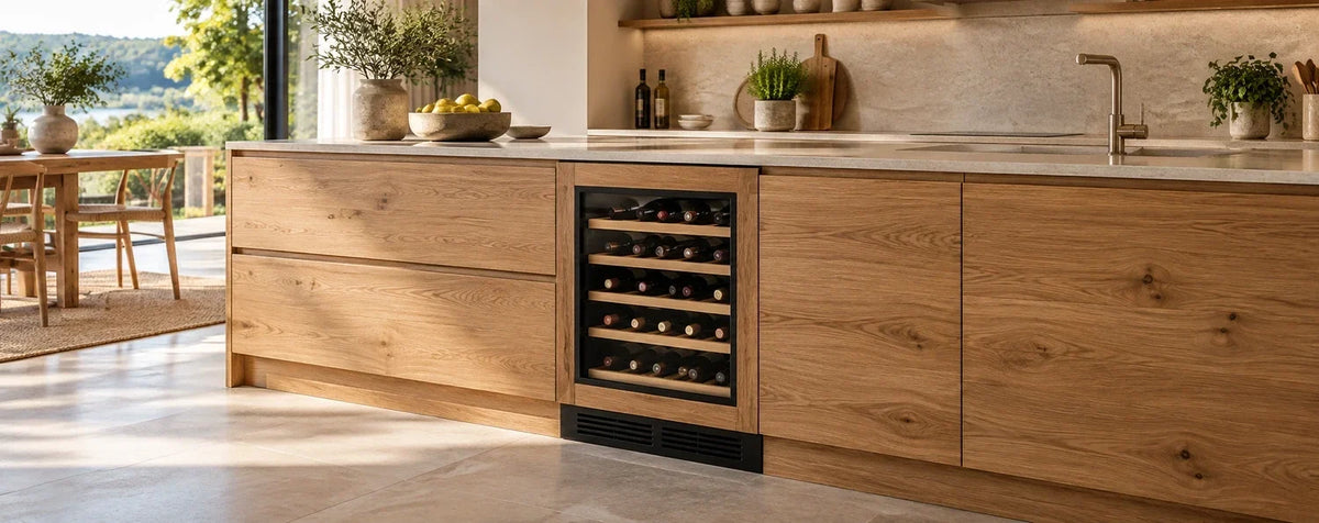 Illustrative Küchenansicht mit einem Weinkühlschrank im passenden Holzrahmen unter der Arbeitsplatte