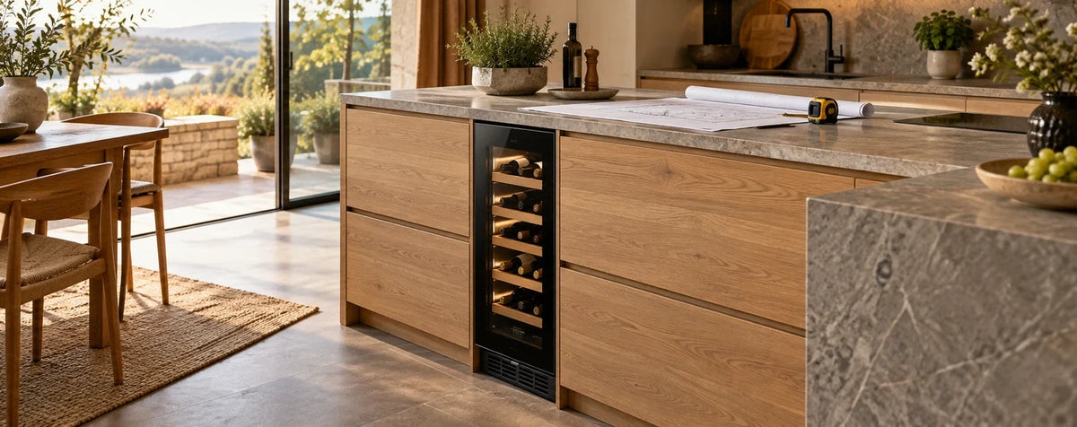 Illustrative Einbauküche mit einem schmalen Weinkühlschrank und Planungsunterlagen auf der Arbeitsplatte