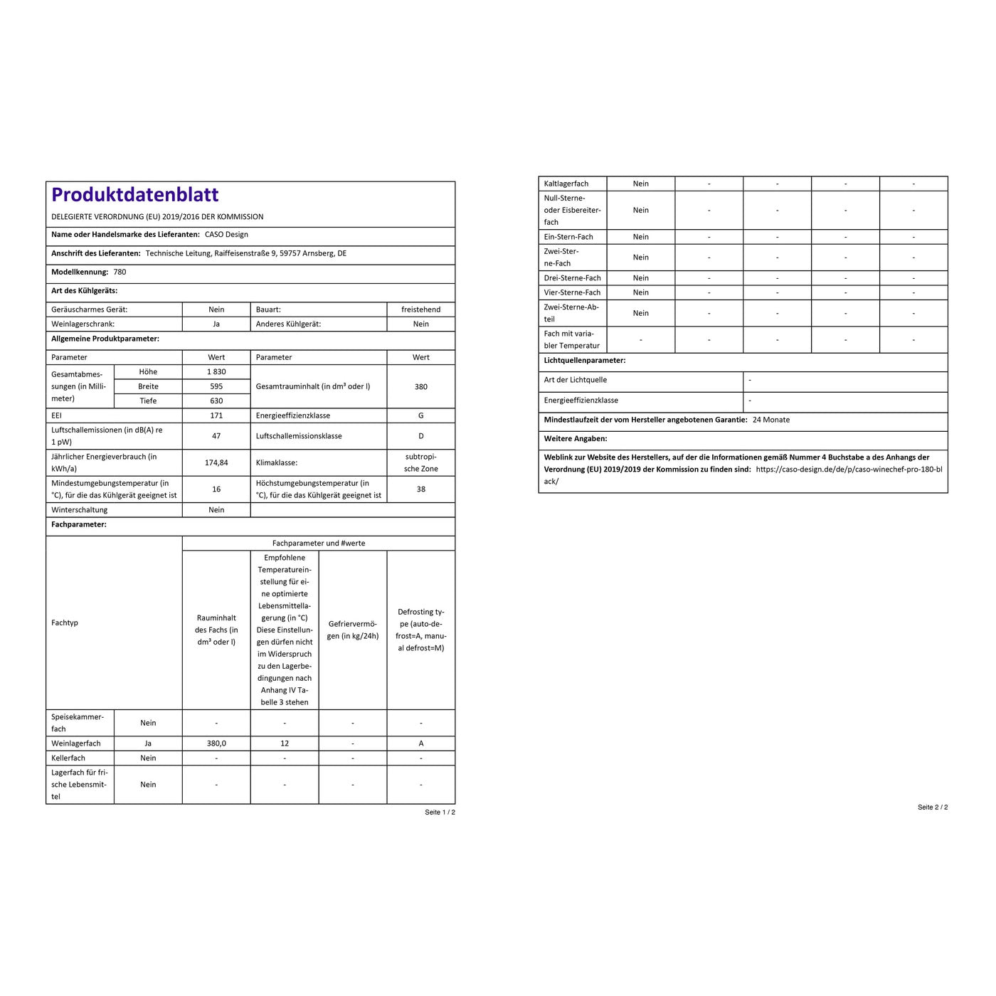 Weinkühlschrank 180 Flaschen Caso WineChef Pro 180 black