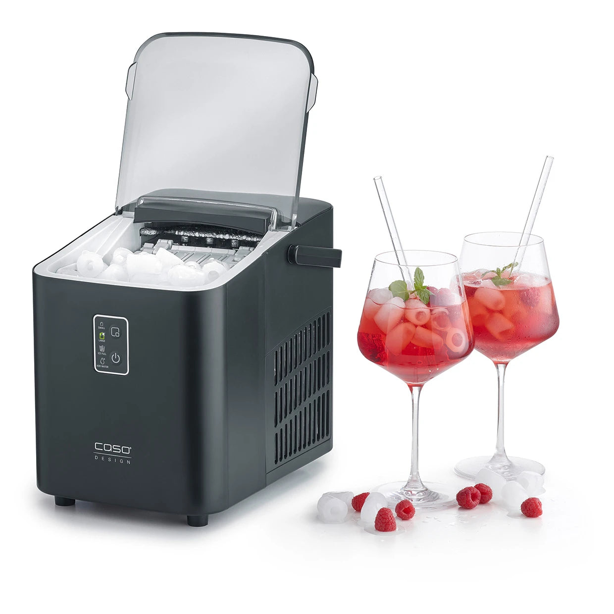 Eiswürfelbereiter CASO Design IceChef Compact mit geöffnetem Deckel und Getränken