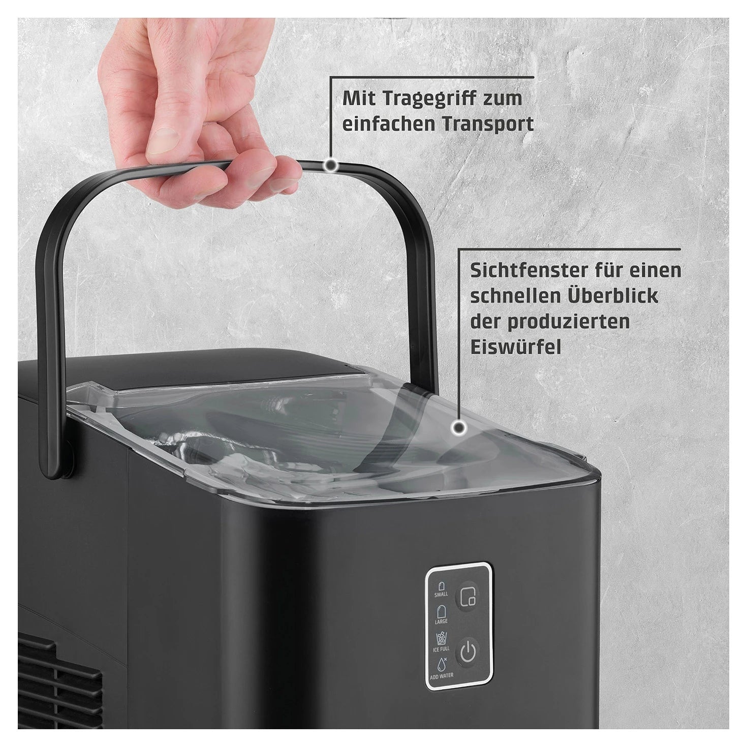 Tragegriff und Sichtfenster des CASO Design IceChef Compact