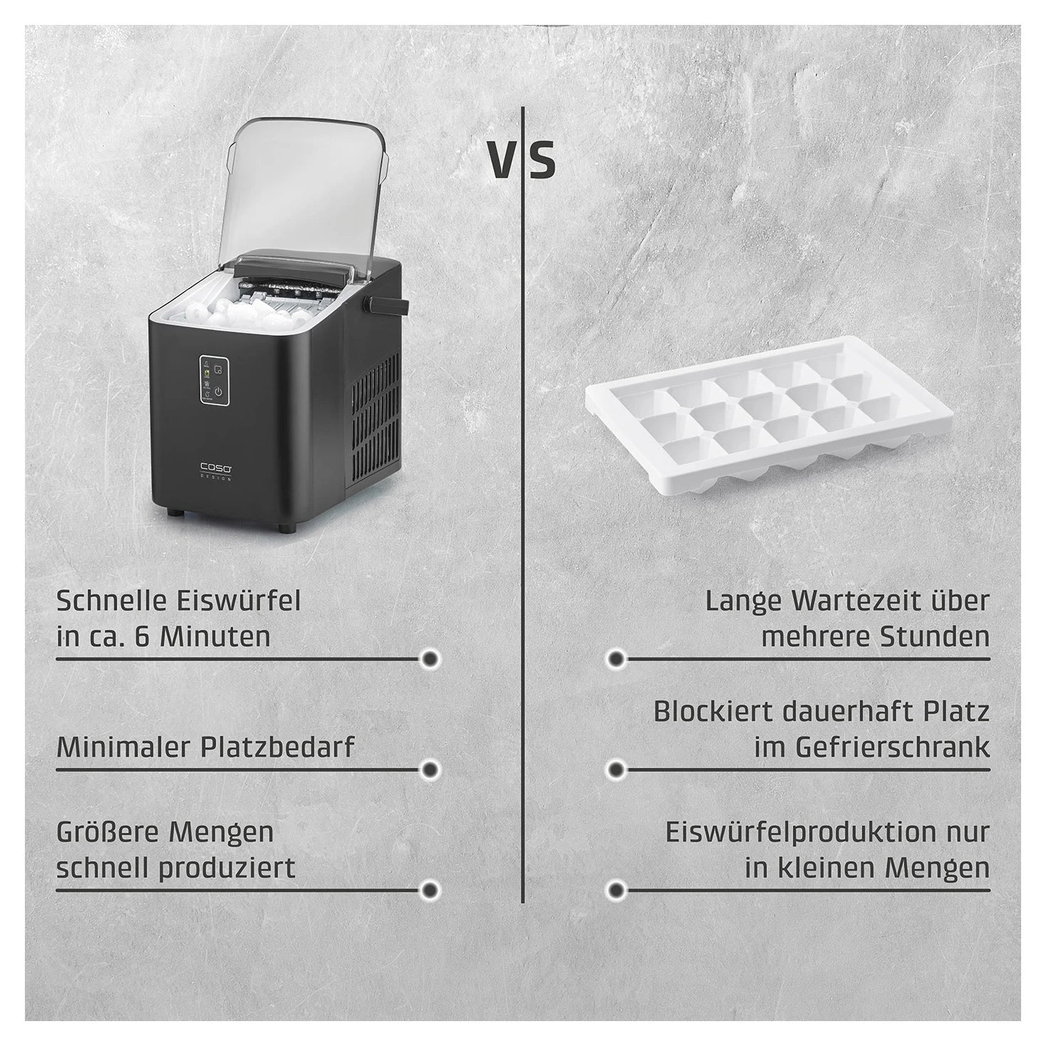 CASO Design IceChef Compact im Vergleich zur Eiswürfelschale im Gefrierfach