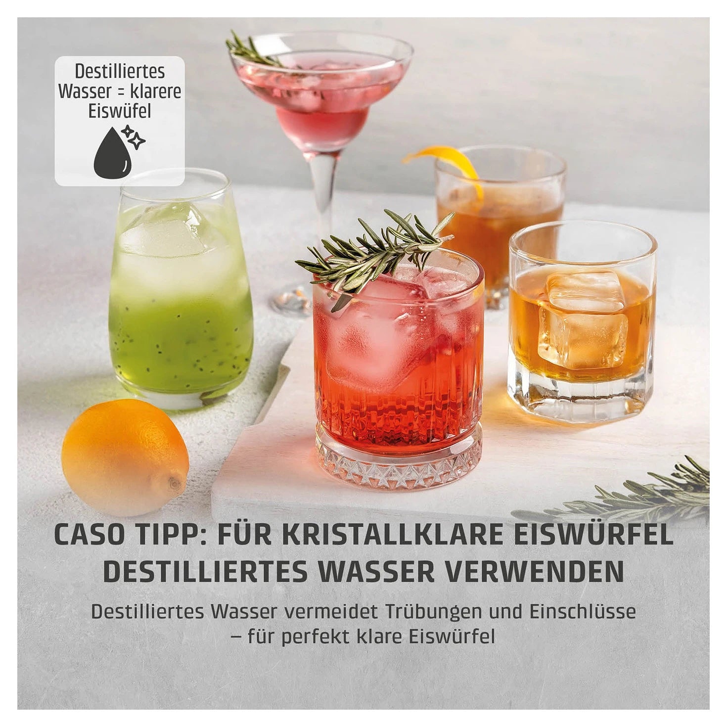 Hinweis zu destilliertem Wasser für kristallklare Eiswürfel beim CASO Design IceCube Pro
