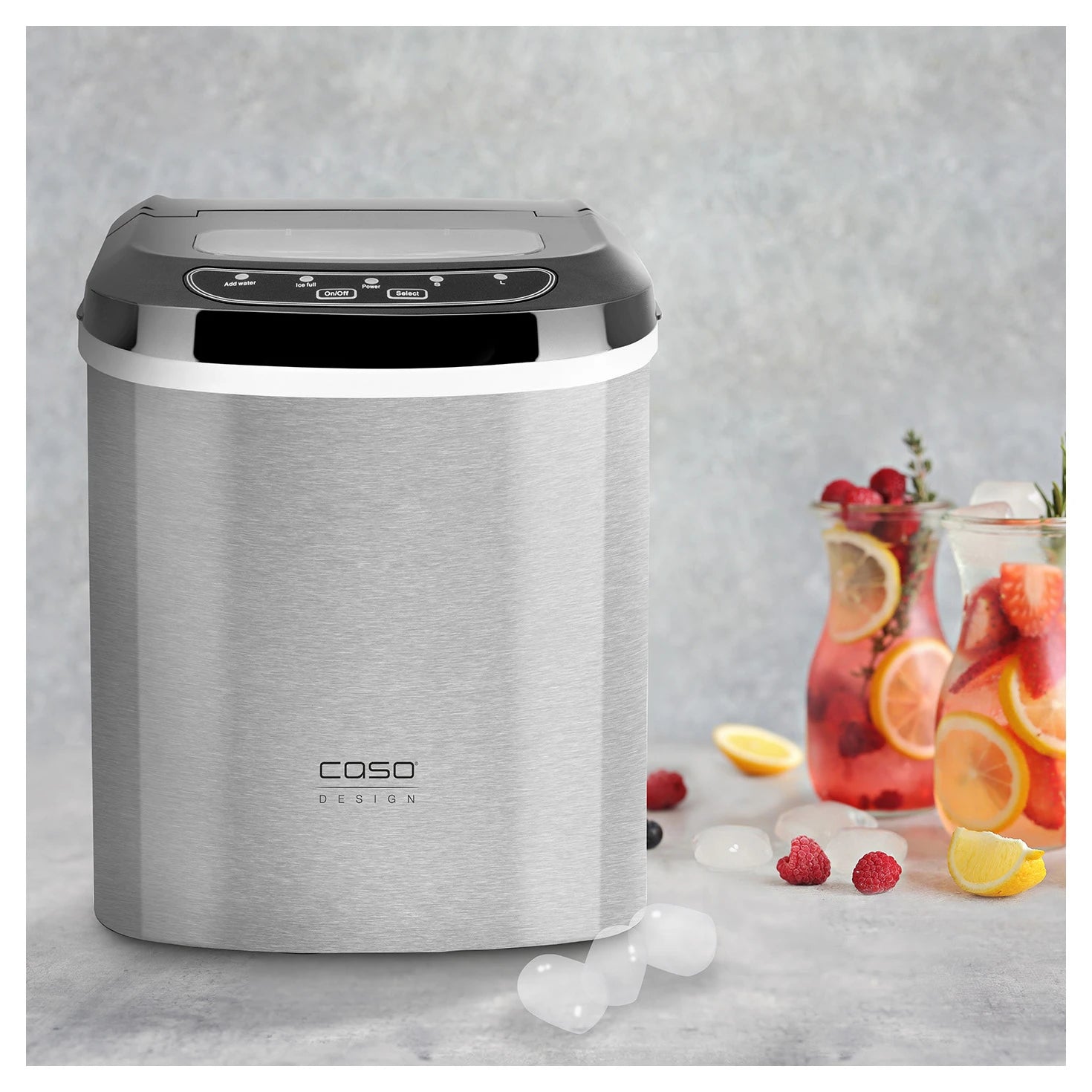Eiswürfelbereiter CASO Design IceMaster Pro mit Eiswürfeln und Getränken