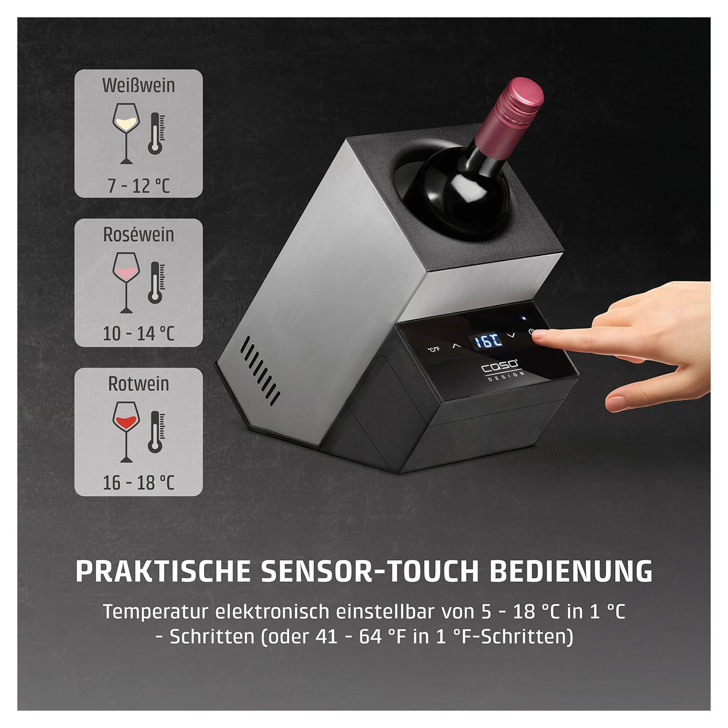 Sensor-Touch Bedienung und Serviertemperaturen des CASO Design WineCase Deluxe Inox
