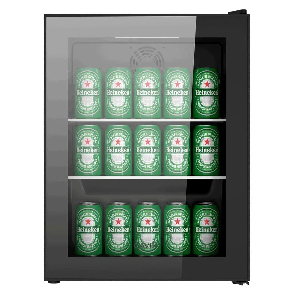 Freistehender Bierkühlschrank Cavin Northern Collection 59 Frontansicht mit geschlossener Glastür und Dosen auf drei Ebenen