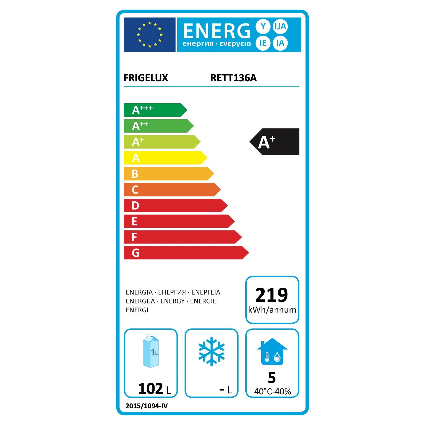 Energieetikett des Outdoor-Kühlschranks Frigelux RETT136A mit Energieeffizienzklasse A+, jährlichem Verbrauch von 219 kWh und einem Fassungsvermögen von 102 Litern.