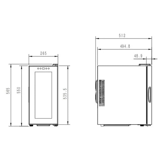 Maßzeichnung freistehender Weinkühlschrank Cavin Tundra Collection 10 mit Vorder- und Seitenansicht: 265 mm Breite, 565 mm Höhe, 512 mm Tiefe