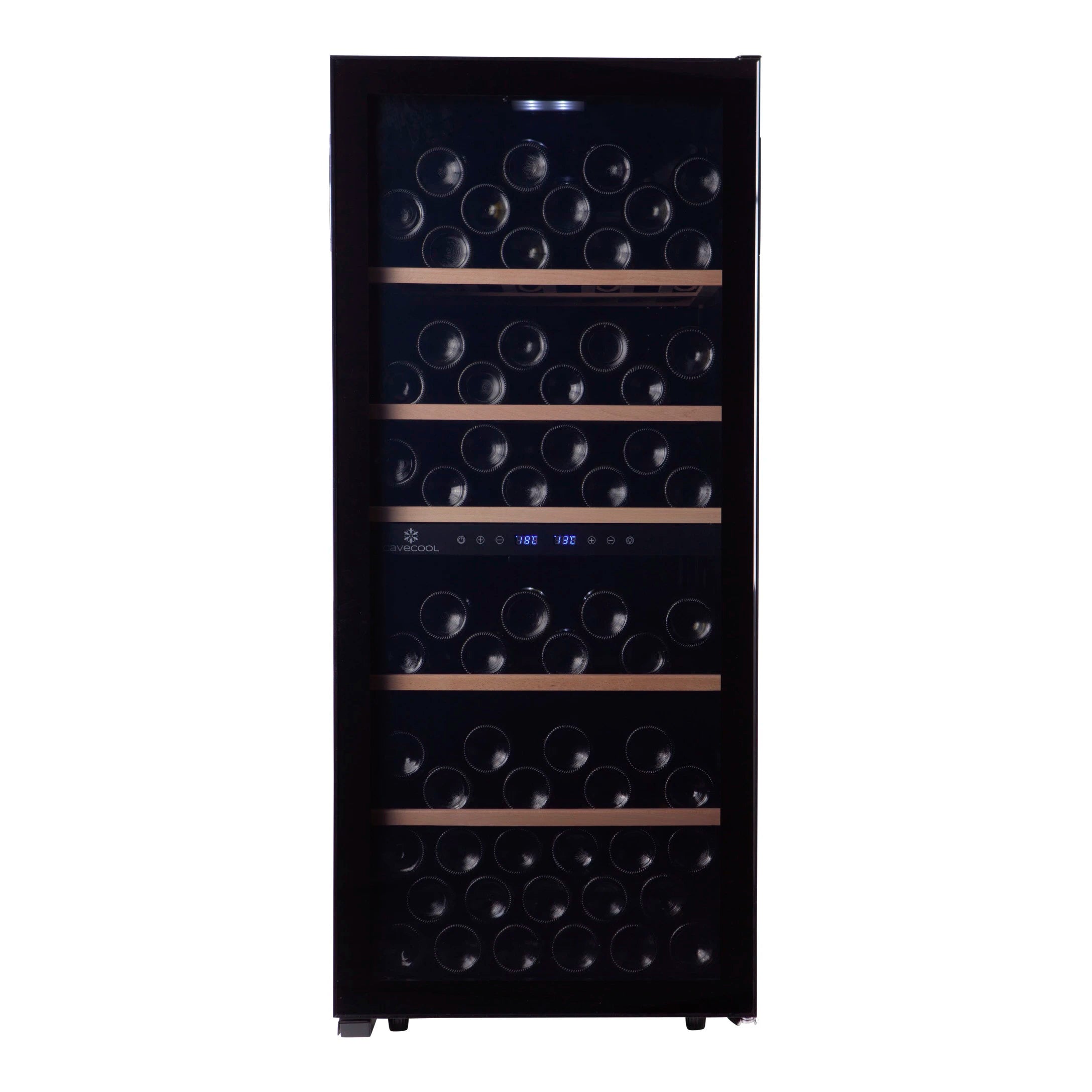 Freistehender Weinkühlschrank Cavecool Chill Sapphire CC102DB-1 mit Glastür, Holzregalen und digitaler Temperaturanzeige, geeignet für bis zu 102 Flaschen.