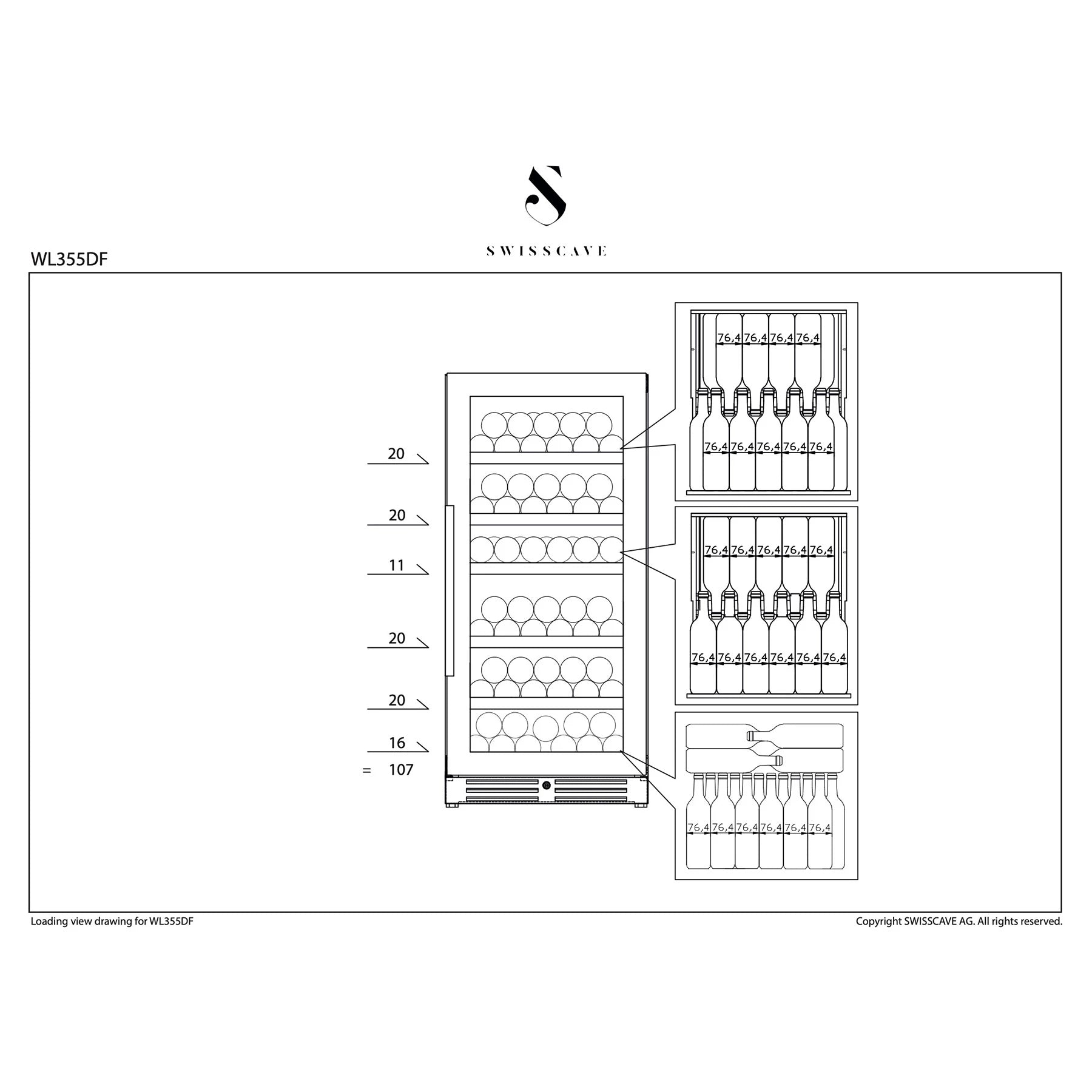 Swisscave WL355DF Weinkühlschrank für 107 Flaschen, freistehend oder einbaubar, Produktansicht 4