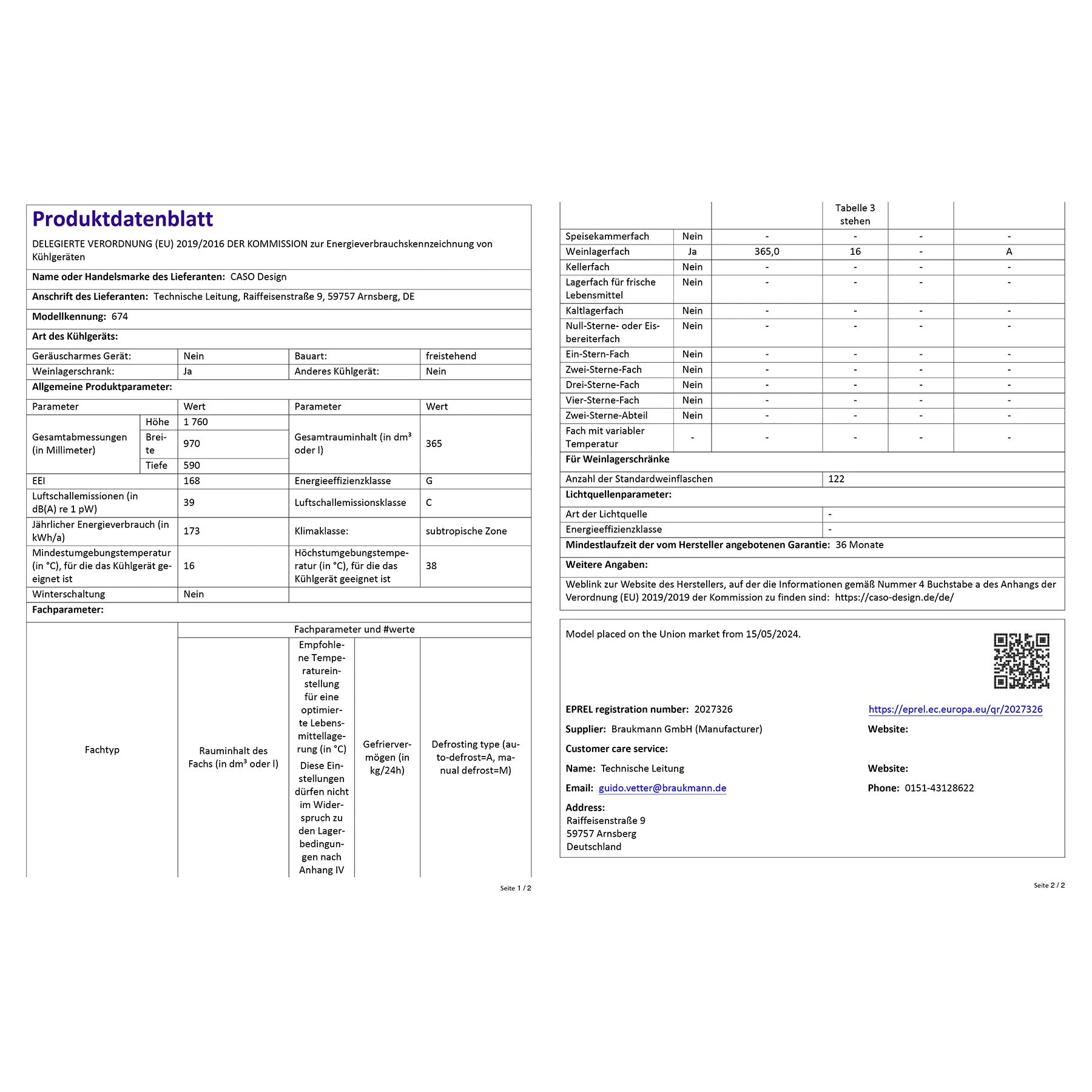 Produktdatenblatt Freistehender Weinkühlschrank CASO Design WineChef Duo 122 Black