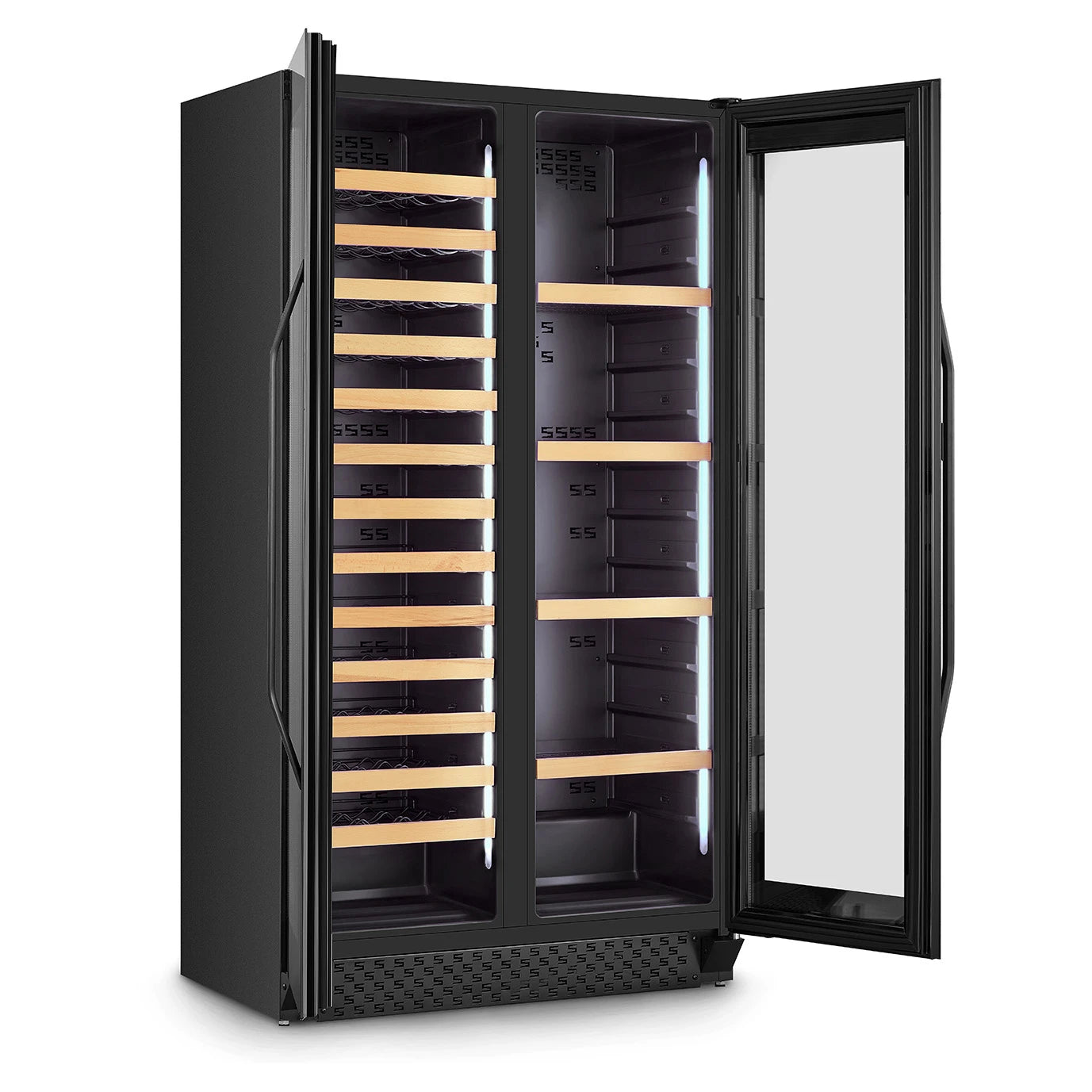 Freistehender Weinkühlschrank CASO Design WineChef Duo 122 Black Ansicht von schräg vorne mit geöffneten Türen