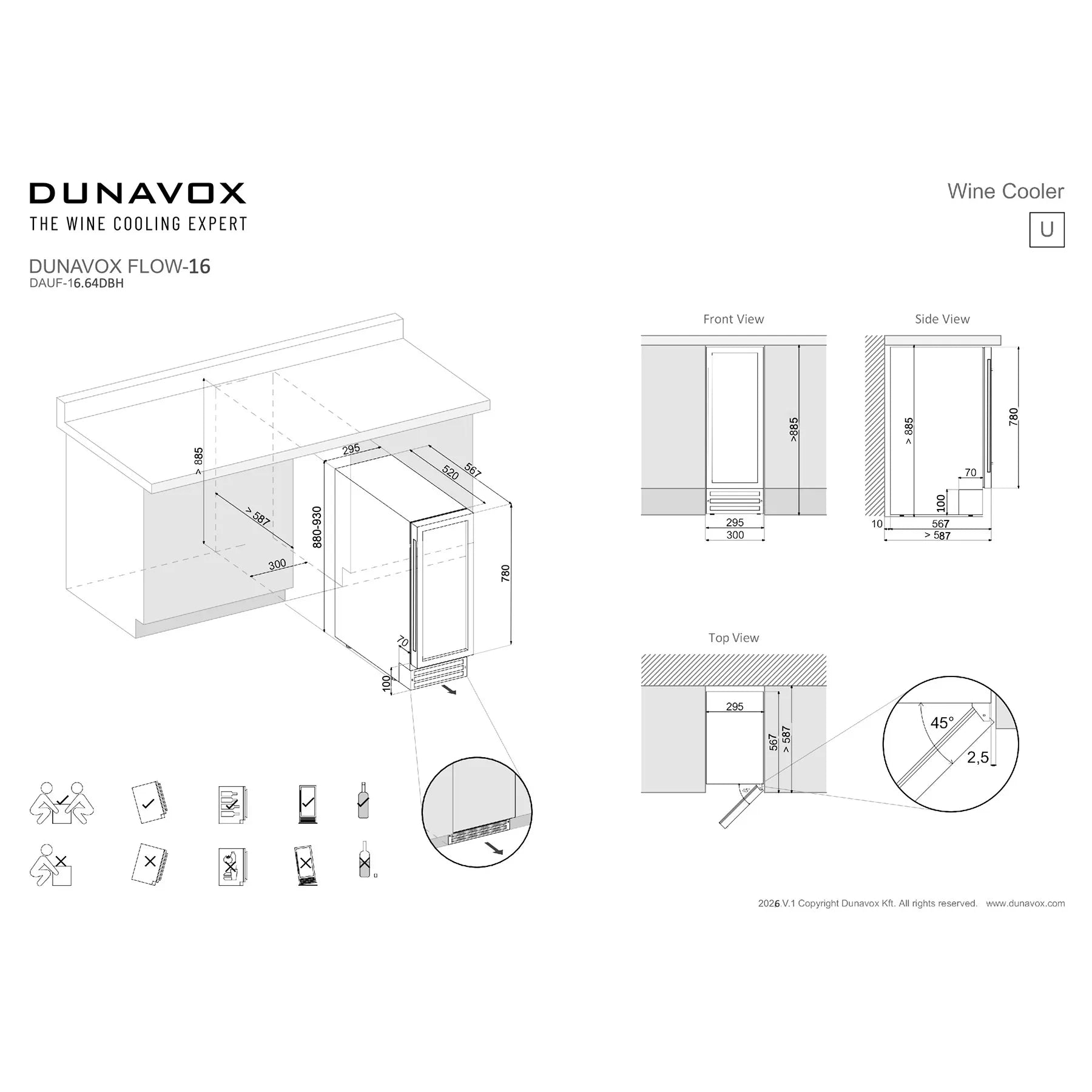 Maßzeichnung Dunavox Flow-16 Unterbau-Weinkühlschrank mit Einbaumaßen, Vorder-, Seiten- und Draufsicht