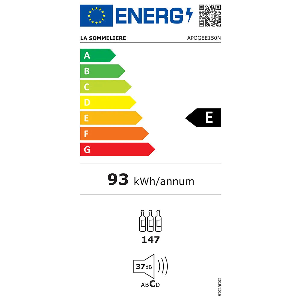 Energieeffizienzlabel für das Modell La Sommelière APOGEE150N mit Klasse E, Jahresverbrauch 93 kWh, Kapazität für 147 Flaschen und Geräuschpegel von 37 dB (Klasse C).