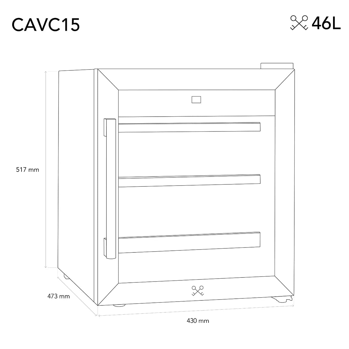 Maßzeichnung des Les Petits Champs CAVC15 Weinkühlschranks für 15 Flaschen, 43 × 47,3 × 51,7 cm