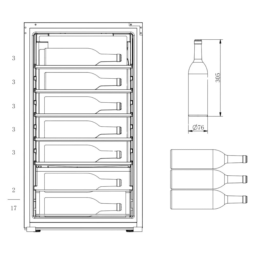 Freistehender Weinkühlschrank Cavecool Joy Opalite CC17SB Beladungsschema mit 17 Flaschen und Flaschenmaßen