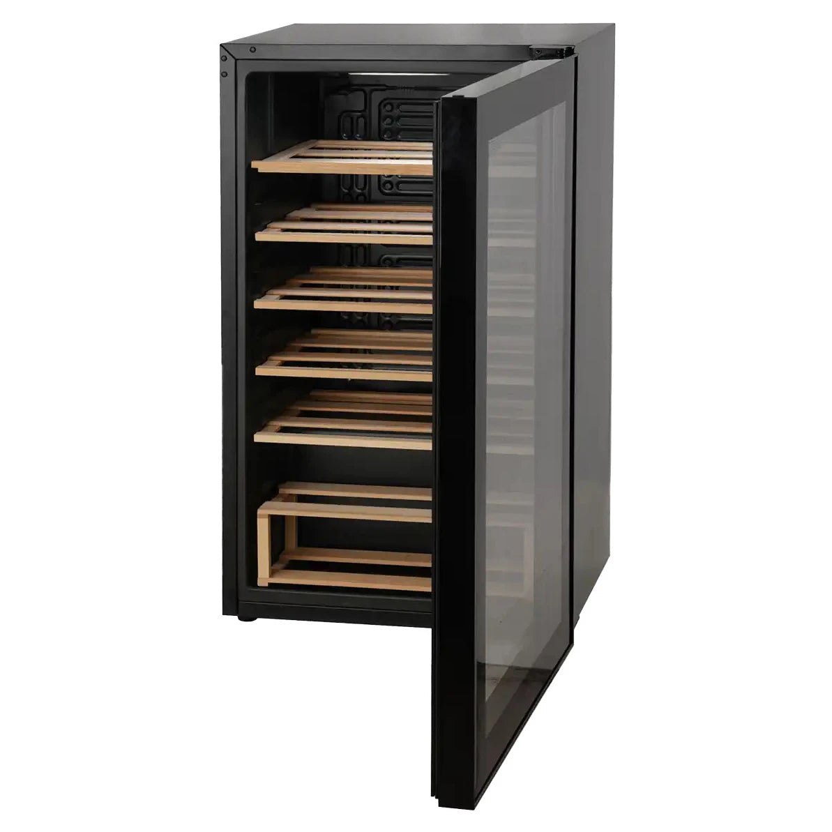 Freistehender Weinkühlschrank Cavecool Joy Opalite CC17SB Ansicht von schräg vorne mit geöffneter Glastür