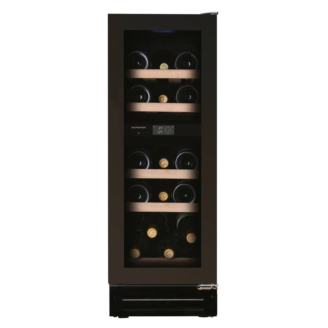 Dunavox Flow-16 Unterbau-Weinkühlschrank in Schwarz mit Holzregalen, Doppelzone und digitalem Bedienfeld für 17 Flaschen