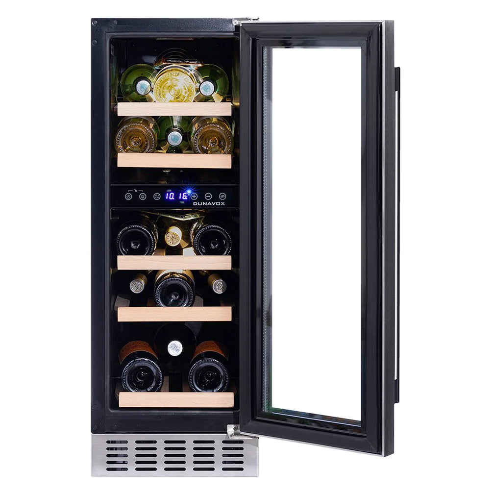 Dunavox Flow-17 Stainless Zweizonen-Weinkühlschrank geöffnet, beide Temperaturzonen mit beladenen Holzregalen sichtbar