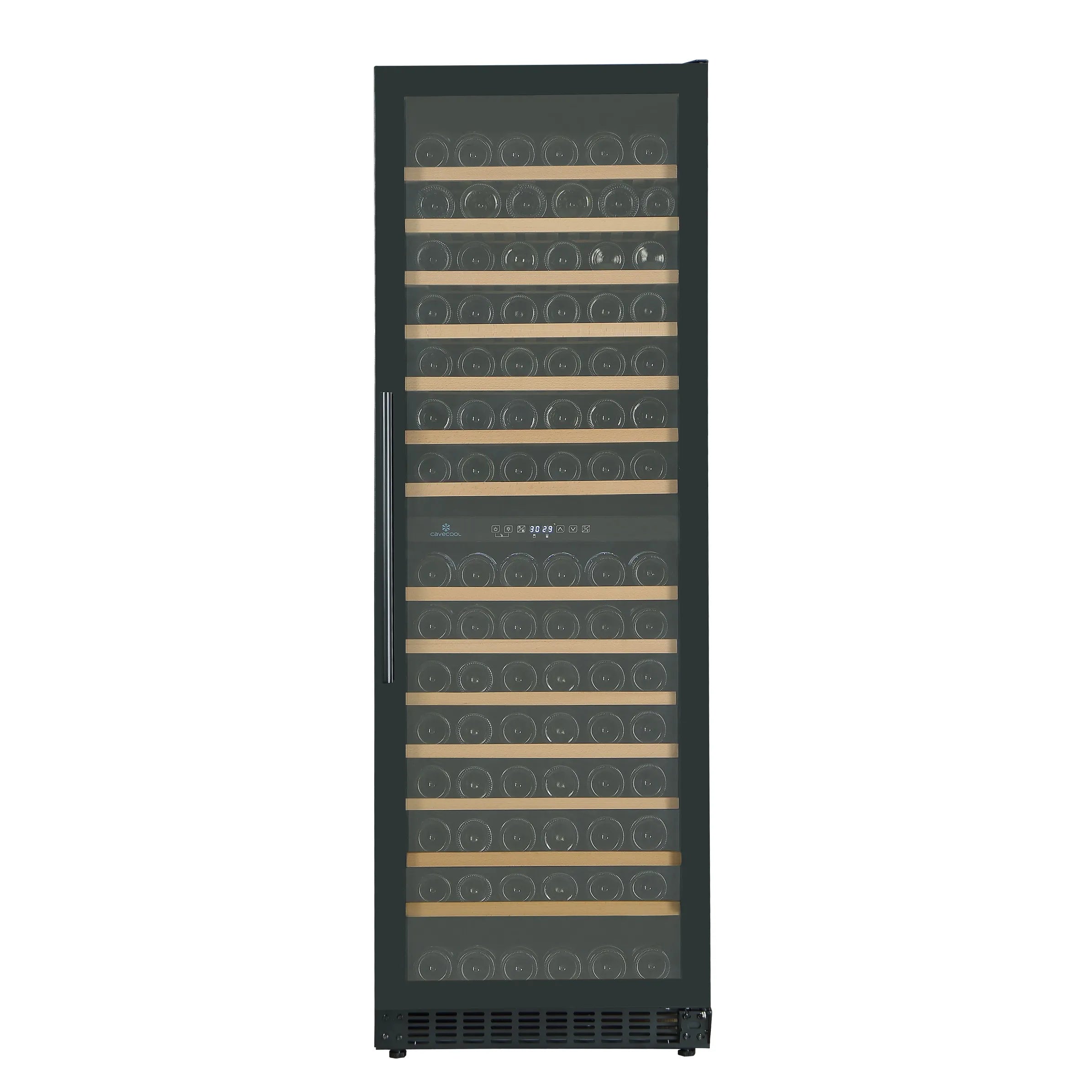 Schwarzer Weinkühlschrank Cavecool Affection Onyx CC428DB-1 mit Glastür, Holzregalen und 171 liegenden Weinflaschen, digitale Temperaturanzeige 9°C/9°C.