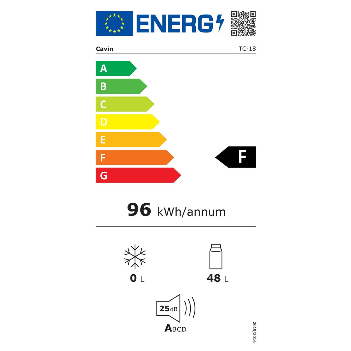 Energielabel freistehender Weinkühlschrank Cavin Tundra Collection 18, Energieeffizienzklasse F