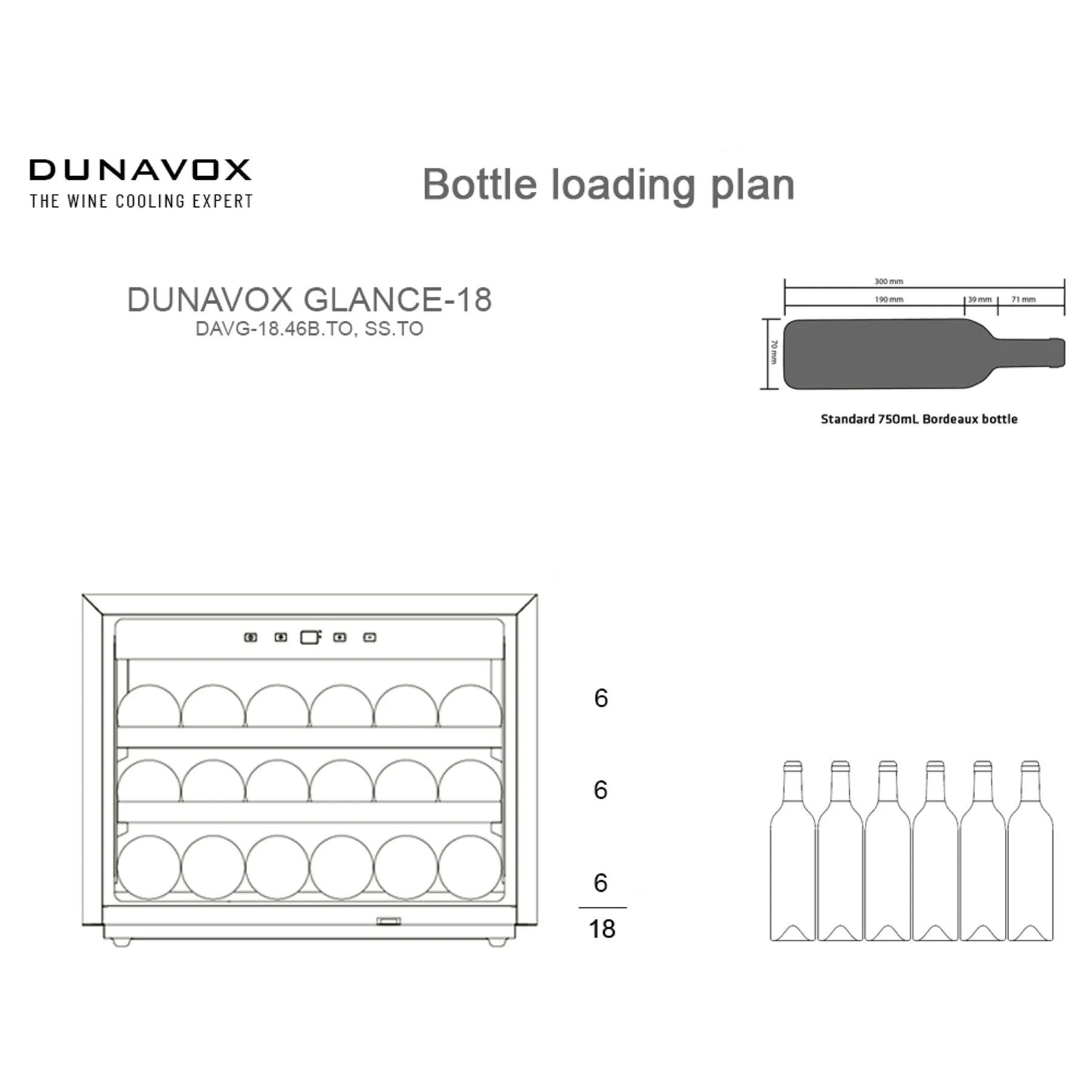Dunavox Glance-18 Beladungsplan mit drei Regalebenen à 6 Flaschen für insgesamt 18 Bordeaux-Standardflaschen