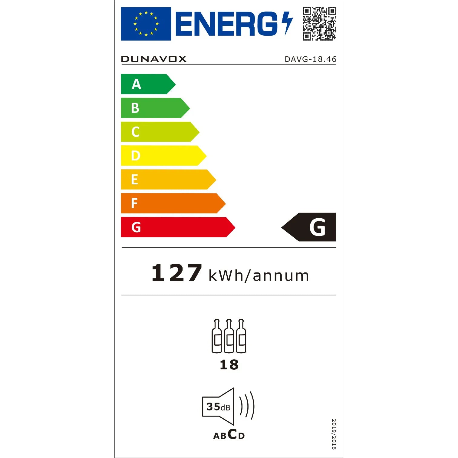 EU-Energielabel des Dunavox Glance-18 Weinkühlschranks, Energieklasse G, 127 kWh pro Jahr, 18 Flaschen, 35 dB