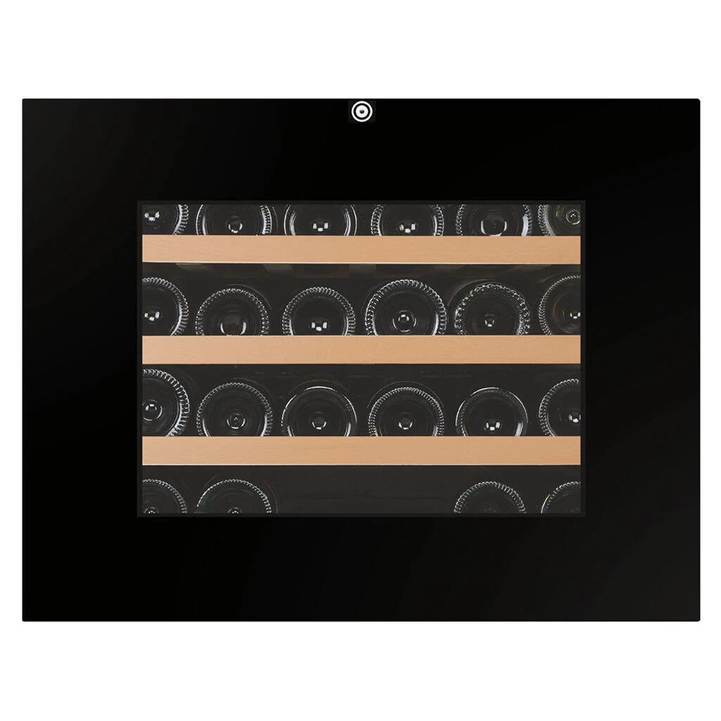 Dunavox Balance-24 Einbau-Weinkühlschrank Innenansicht, drei Holzregale mit Weinflaschen, LED-Beleuchtung, schwarzes Gehäuse