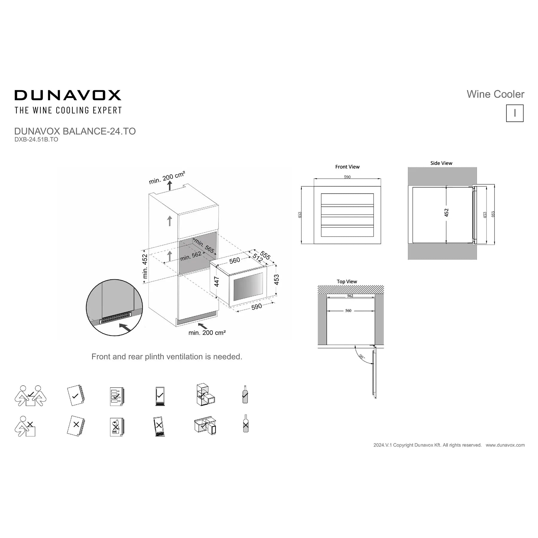 Dunavox Balance-24 Maßblatt DXB-24.51B.TO mit Einbaumaßen, Front-, Seiten- und Draufsicht sowie Installationshinweisen