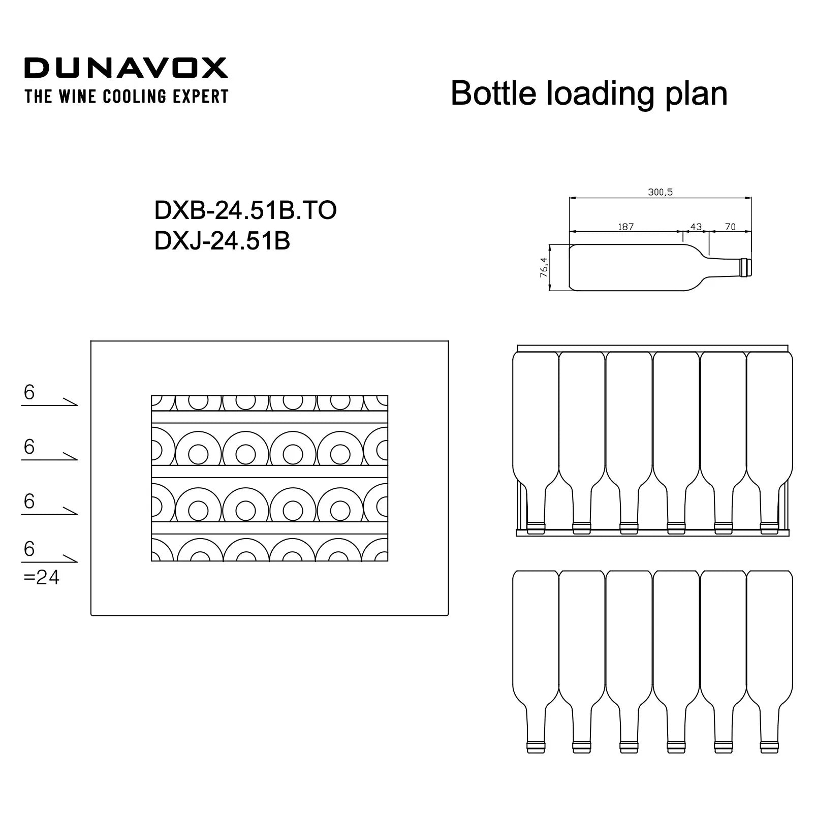Dunavox Joy-24 Beladungsplan mit Regalaufteilung für 24 Bordeaux-Flaschen in der Einzelzone, Modell DXJ-24.51B