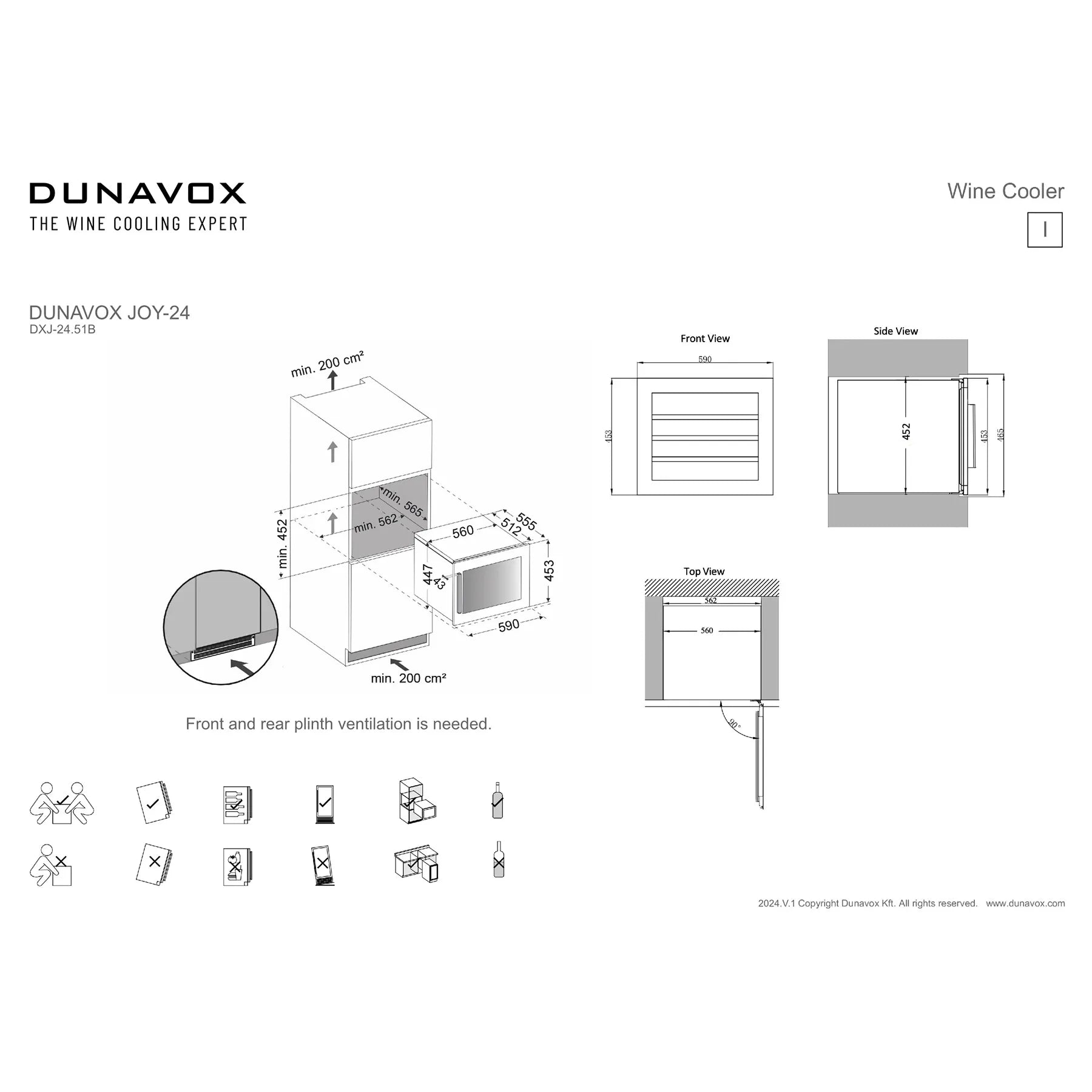 Dunavox Joy-24 Maßzeichnung mit Einbauanleitung, Front- und Seitenansicht sowie Hinweis auf erforderliche Frontbelüftung