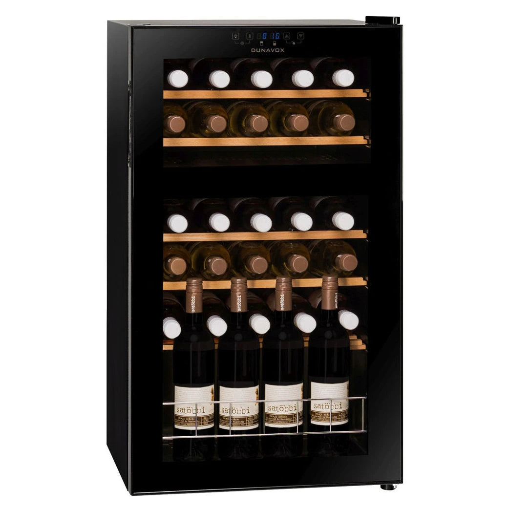 Dunavox Home-30 Weinkühlschrank in Schwarz mit vollbeladener Doppelzone, zwei Temperaturzonen und Holzregalen