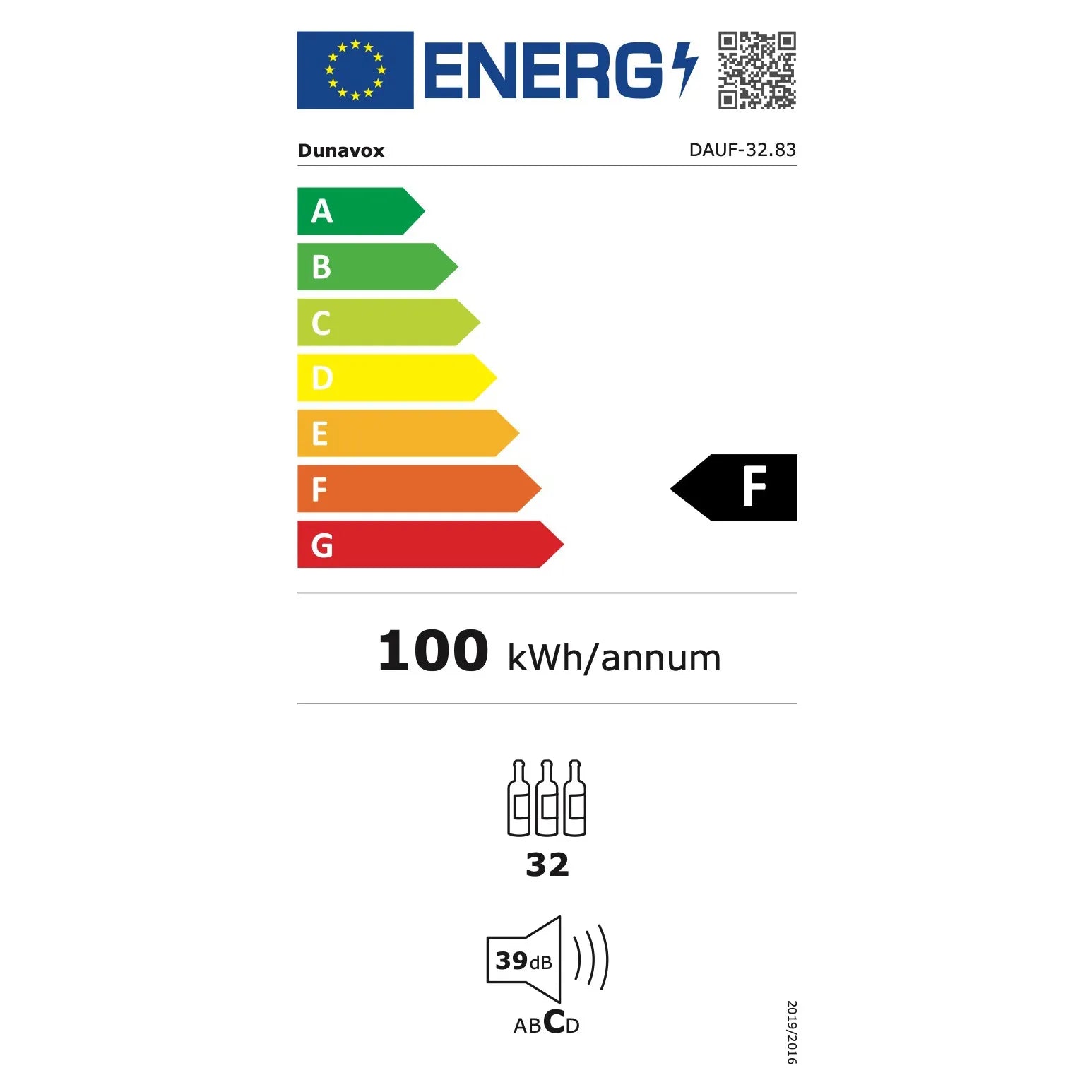 EU-Energielabel Dunavox Flow-32 DAUF-32.83, Energieklasse F, 100 kWh/Jahr, 32 Flaschen Kapazität, 39 dB Geräuschpegel