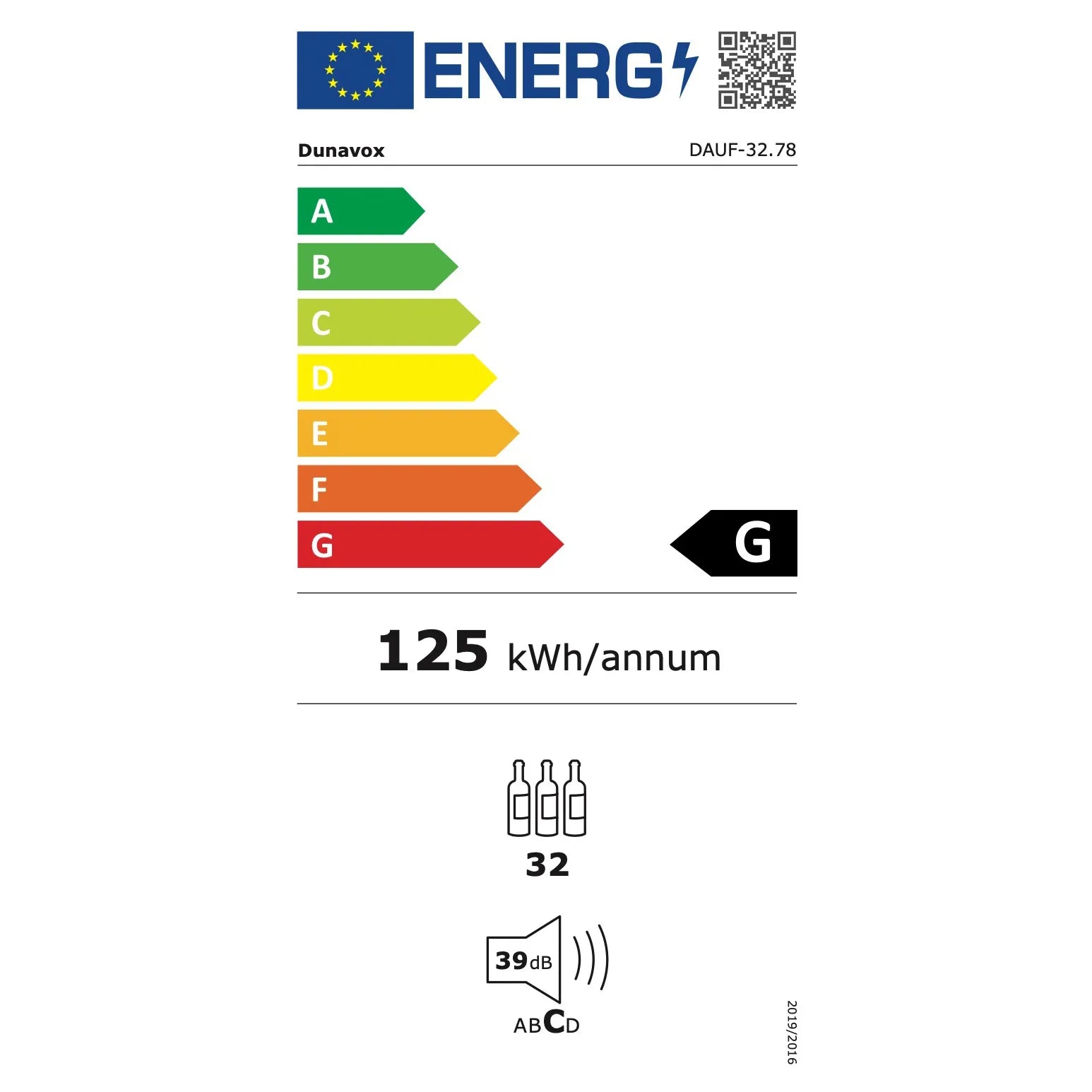 EU-Energielabel Dunavox Flow-32D DAUF-32.78, Energieklasse G, 125 kWh/Jahr, 32 Flaschen Kapazität, 39 dB Geräuschpegel