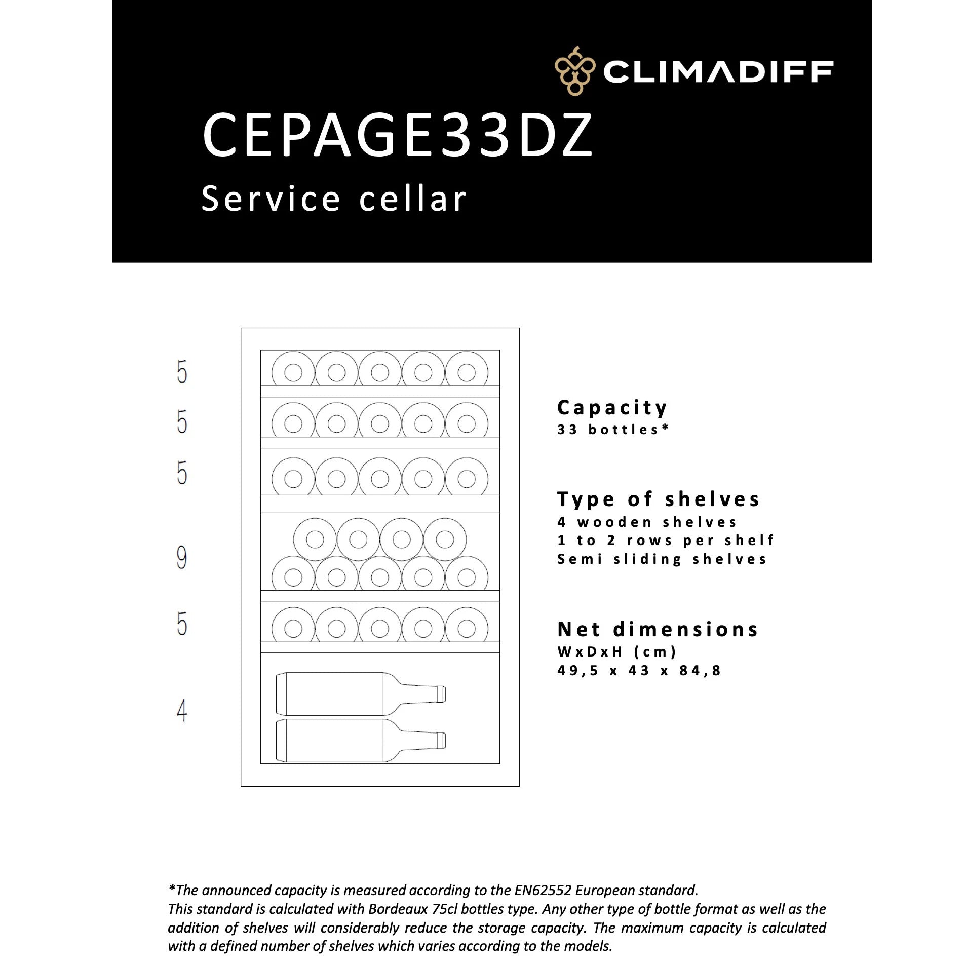 Weinkühlschrank 33 Flaschen Climadiff CEPAGE33DZ