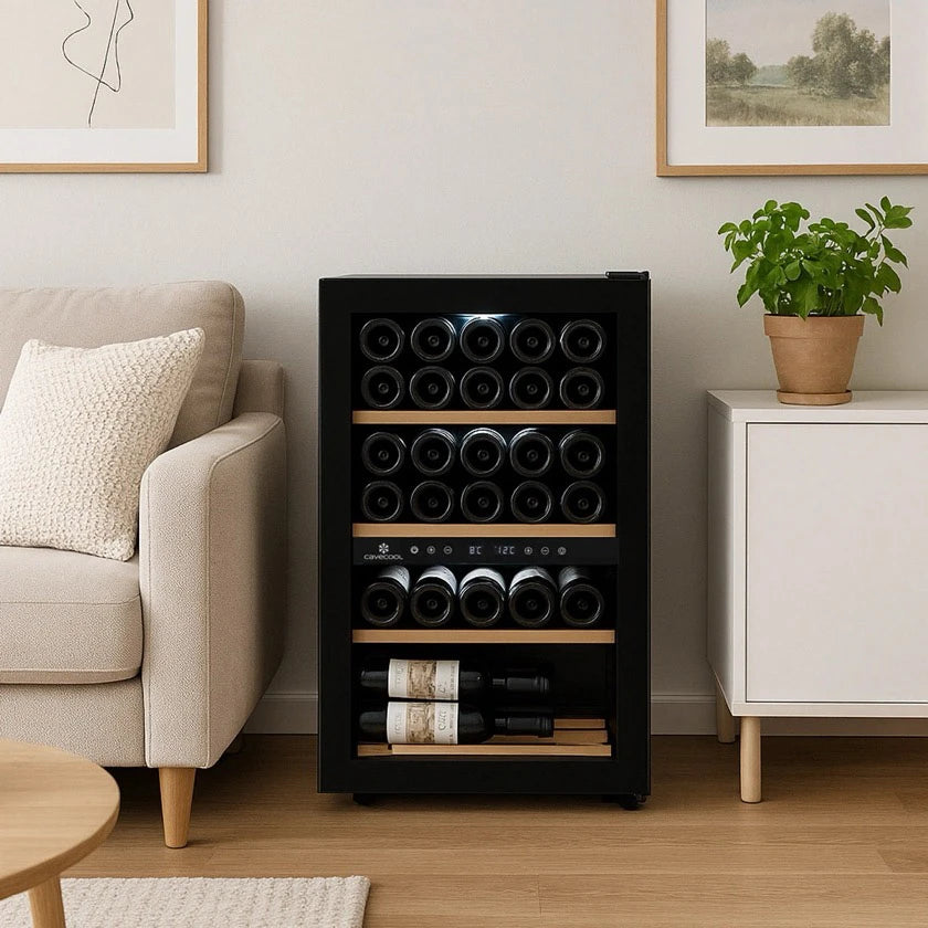 Ein Cavecool Chill Ruby CC29DB-1 Weinkühlschrank mit Glastür und Holzregalen steht zwischen einem beigen Sofa und einem weißen Sideboard mit Topfpflanze in einem modernen Wohnzimmer. Die Temperaturanzeige zeigt 12 °C an, und der Kühlschrank ist mit Weinflaschen gefüllt.