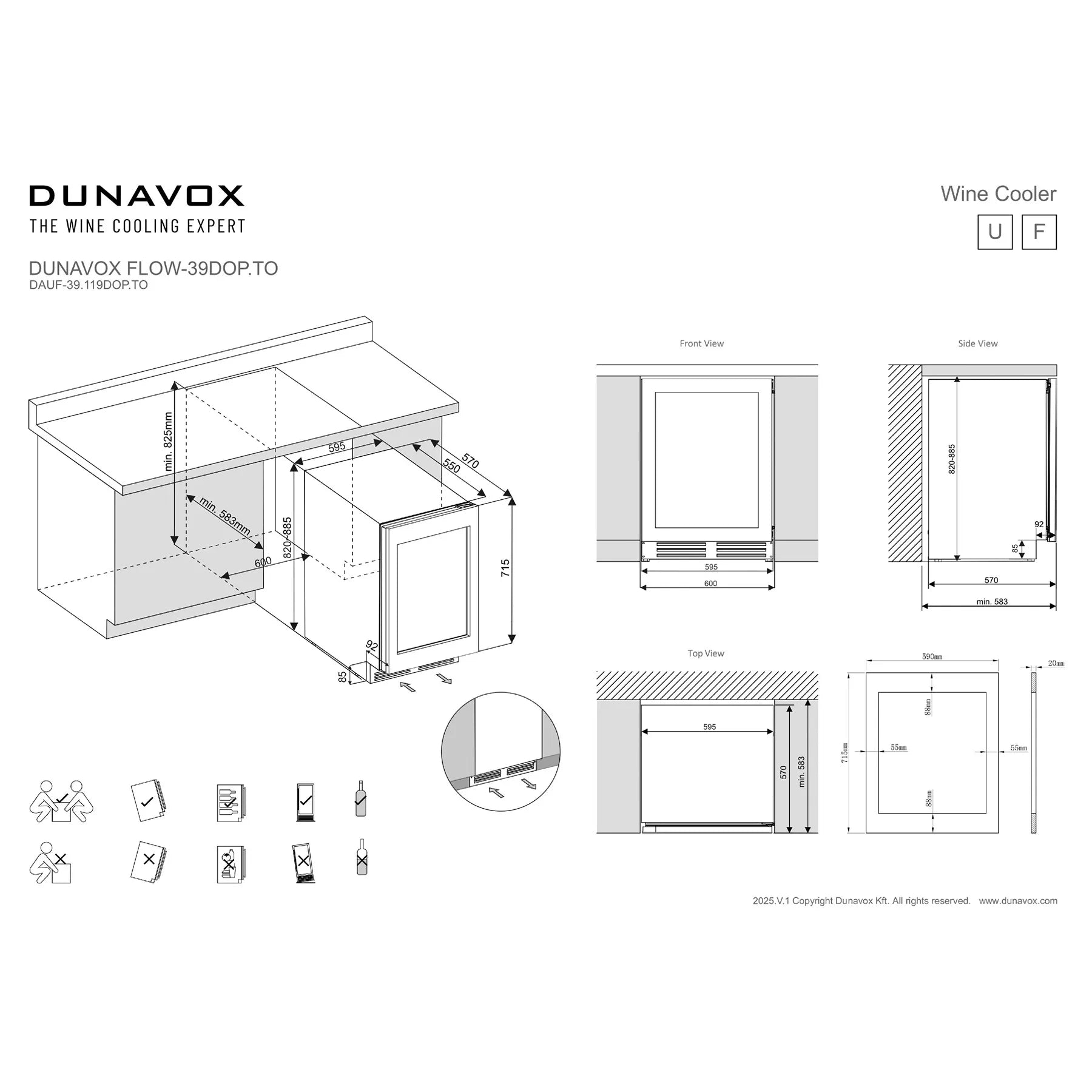 Technische Einbauzeichnung Dunavox Flow-39.OP als Unterbaugerät mit Nischenmaßen und Installationshinweisen