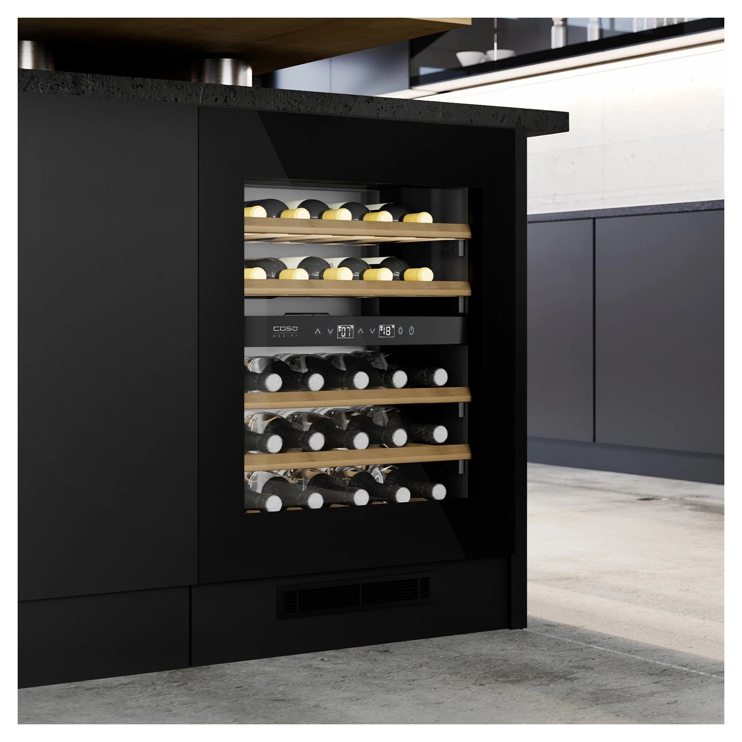 Unterbau-Weinkühlschrank CASO Design WineDeluxe WDU 36 in einer Kochinsel eingebaut