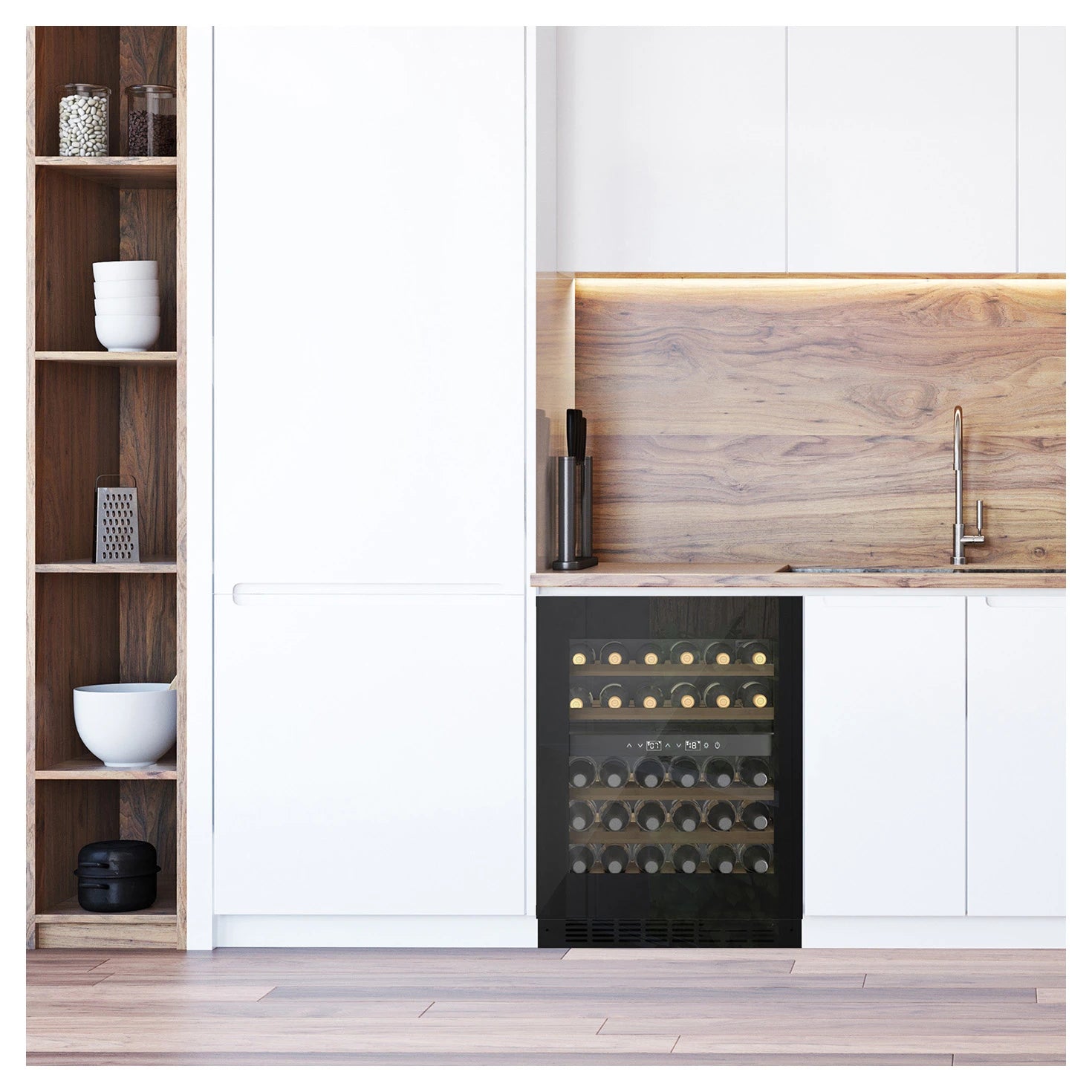 Unterbau-Weinkühlschrank CASO Design WineDeluxe WDU 36 in einer weißen Küche eingebaut