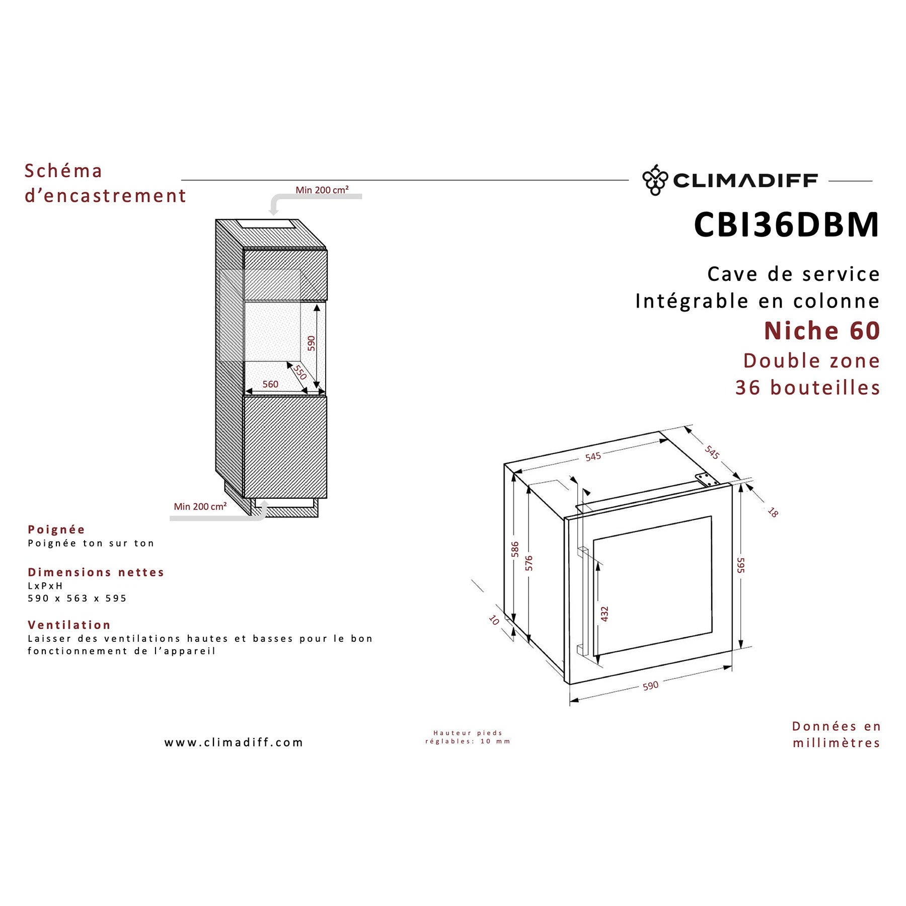 Built-in column Wine Cooler 36 bottles Climadiff CBI36DBM Dual-zone