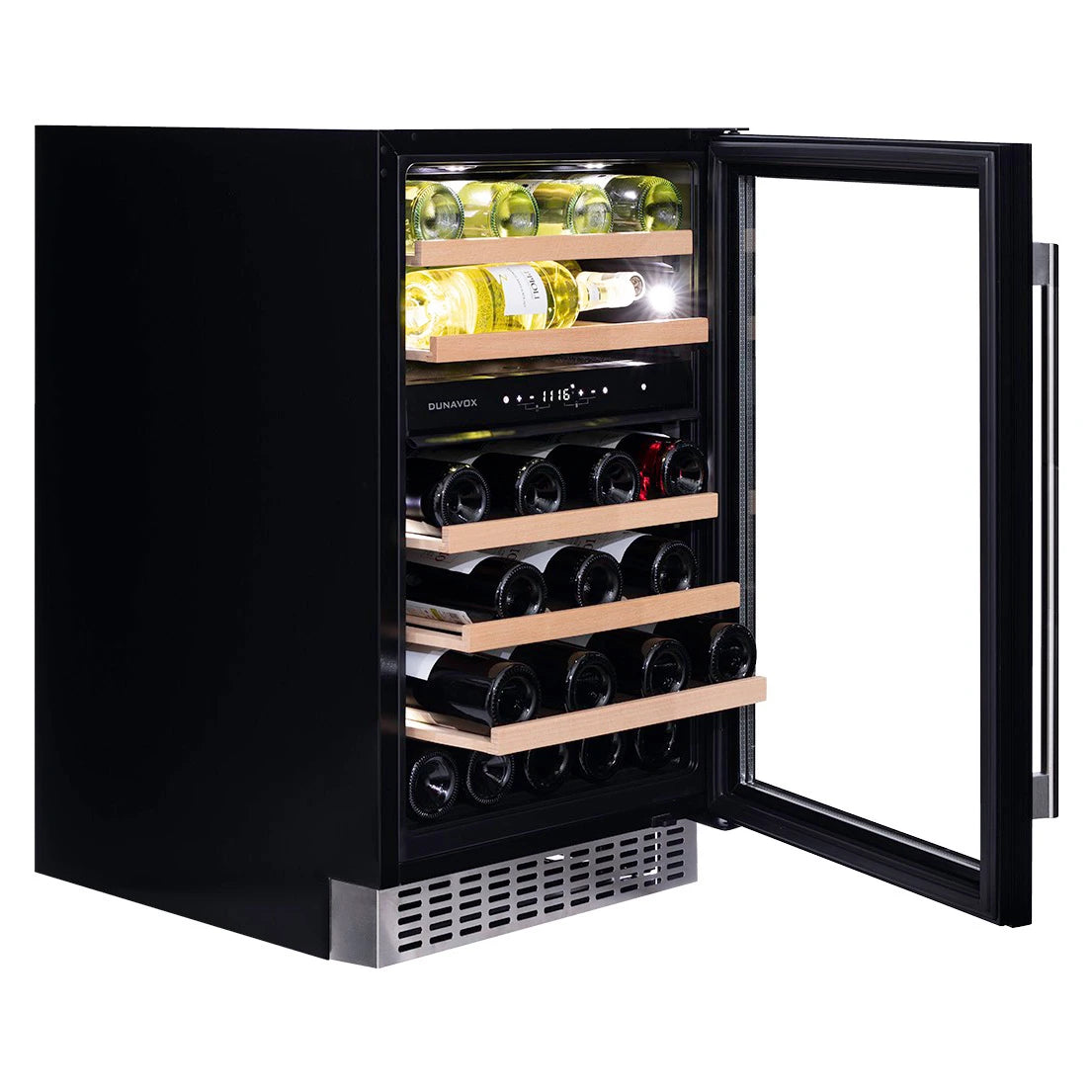 Dunavox Flow-38 Weinkühlschrank mit weit geöffneter Tür, zwei Zonen, Holzregalen und weißem und rotem Weinflaschen-Sortiment