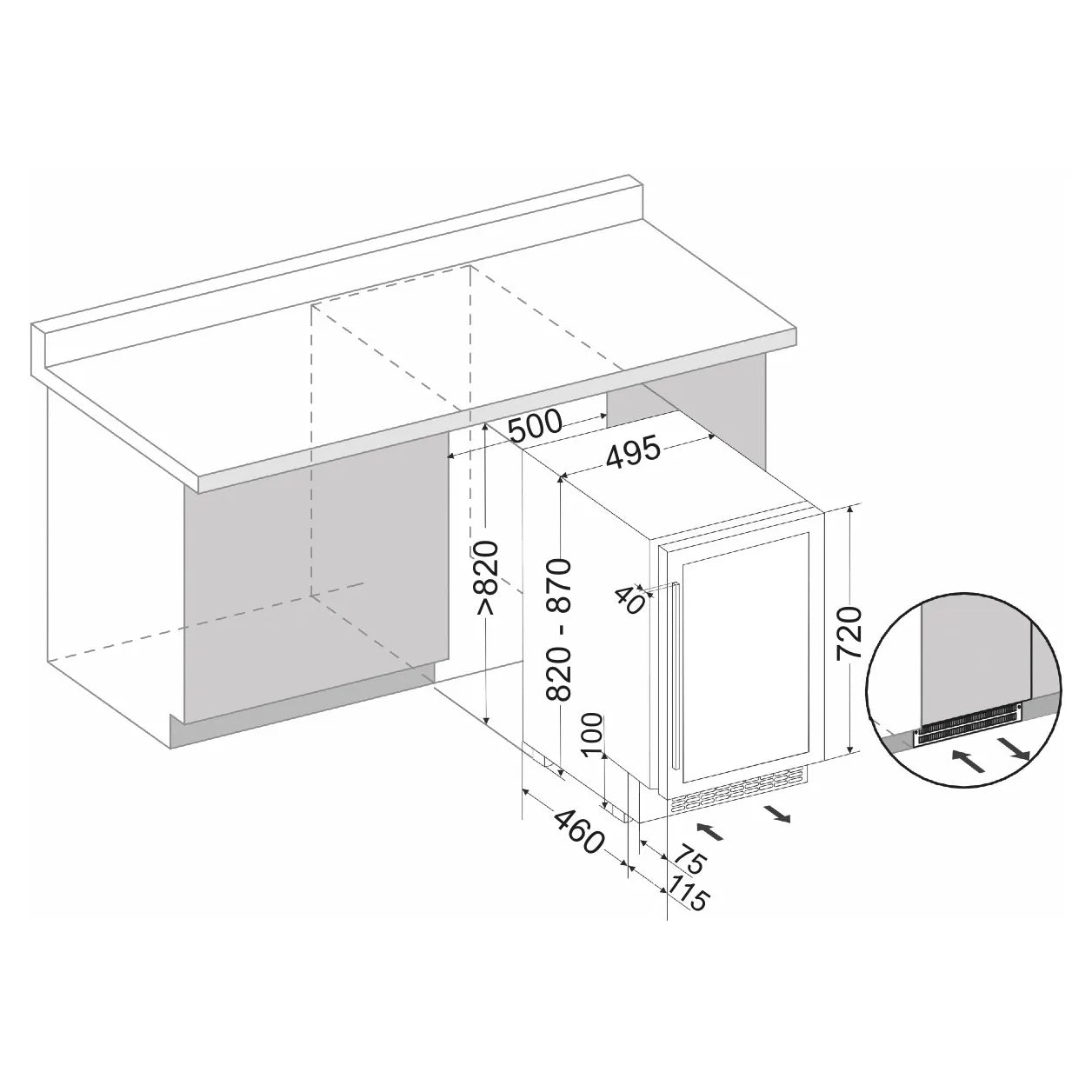 Einbauzeichnung Dunavox Flow-38 Weinkühlschrank für Unterbau-Montage mit Maßangaben für Breite, Tiefe und Höhe