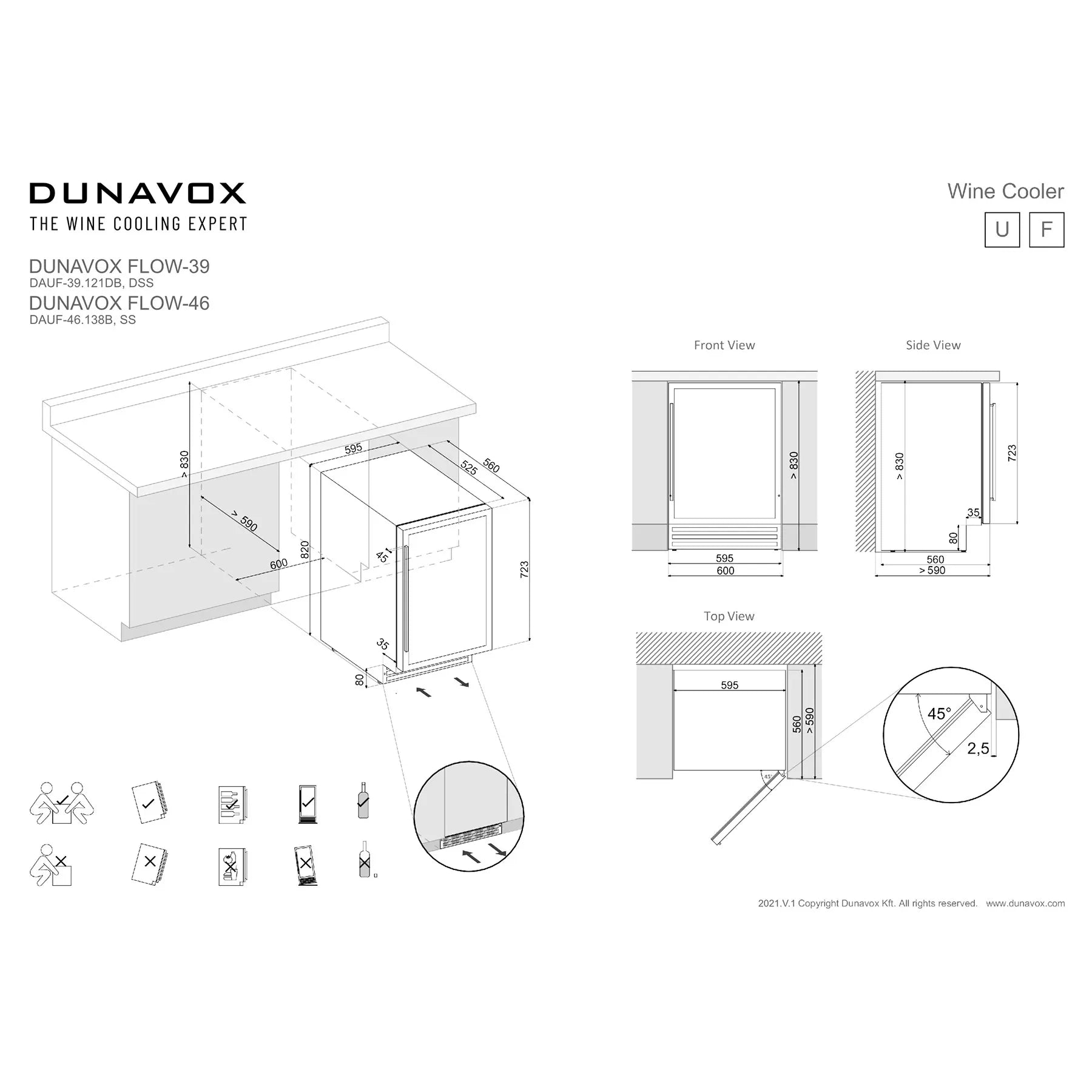 Maßzeichnung Dunavox Flow-39 Weinkühlschrank mit Vorder-, Seiten- und Draufsicht sowie Einbaumaßen für Unterbau und Einbau