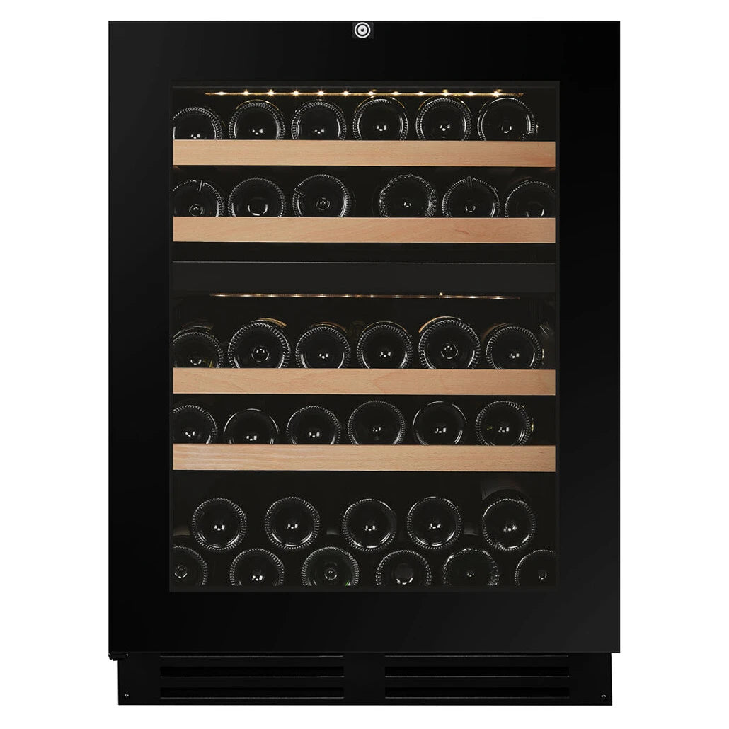 Dunavox Flow-39.TO Weinkühlschrank mit griffloser Glastür, Holzregalen und befüllten Weinflaschen in zwei Zonen