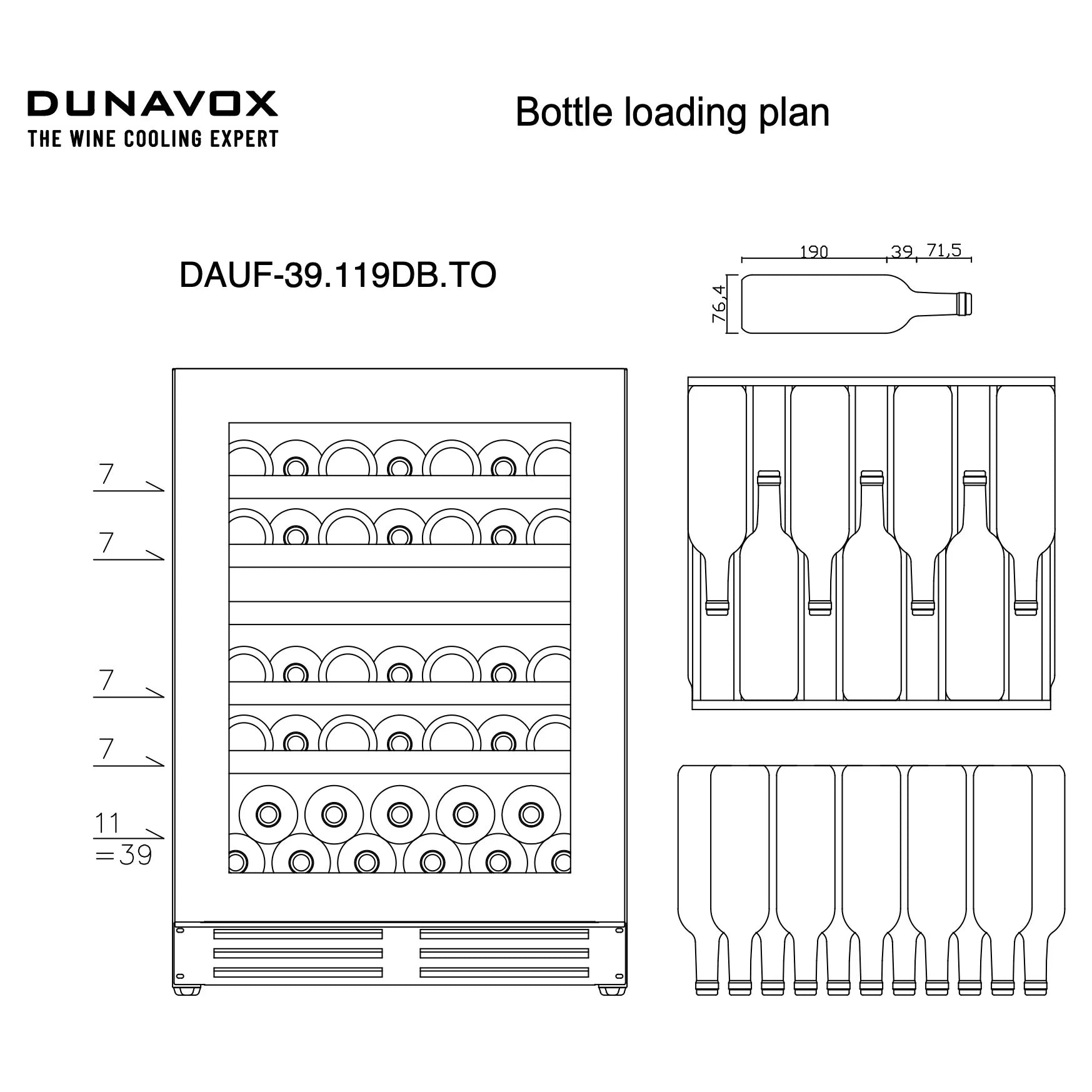 Beladungsplan Dunavox Flow-39.TO mit 39 Flaschen auf 5 Regalebenen, inkl. Flaschenmaße und Querschnittsschema