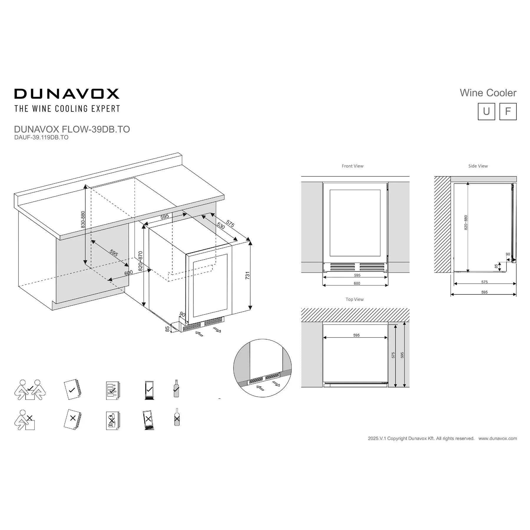Technische Einbauzeichnung Dunavox Flow-39.TO als Unterbaugerät mit Nischenmaßen, Vorder-, Seiten- und Draufsicht