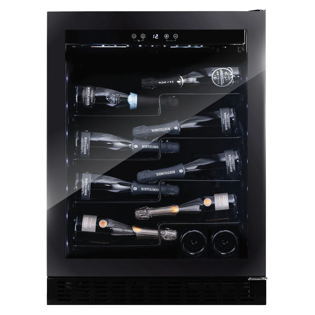 Dunavox Sera-40 Black Weinkühlschrank mit Glastür, Chromregalen und liegend gelagerten Weinflaschen, Frontalansicht