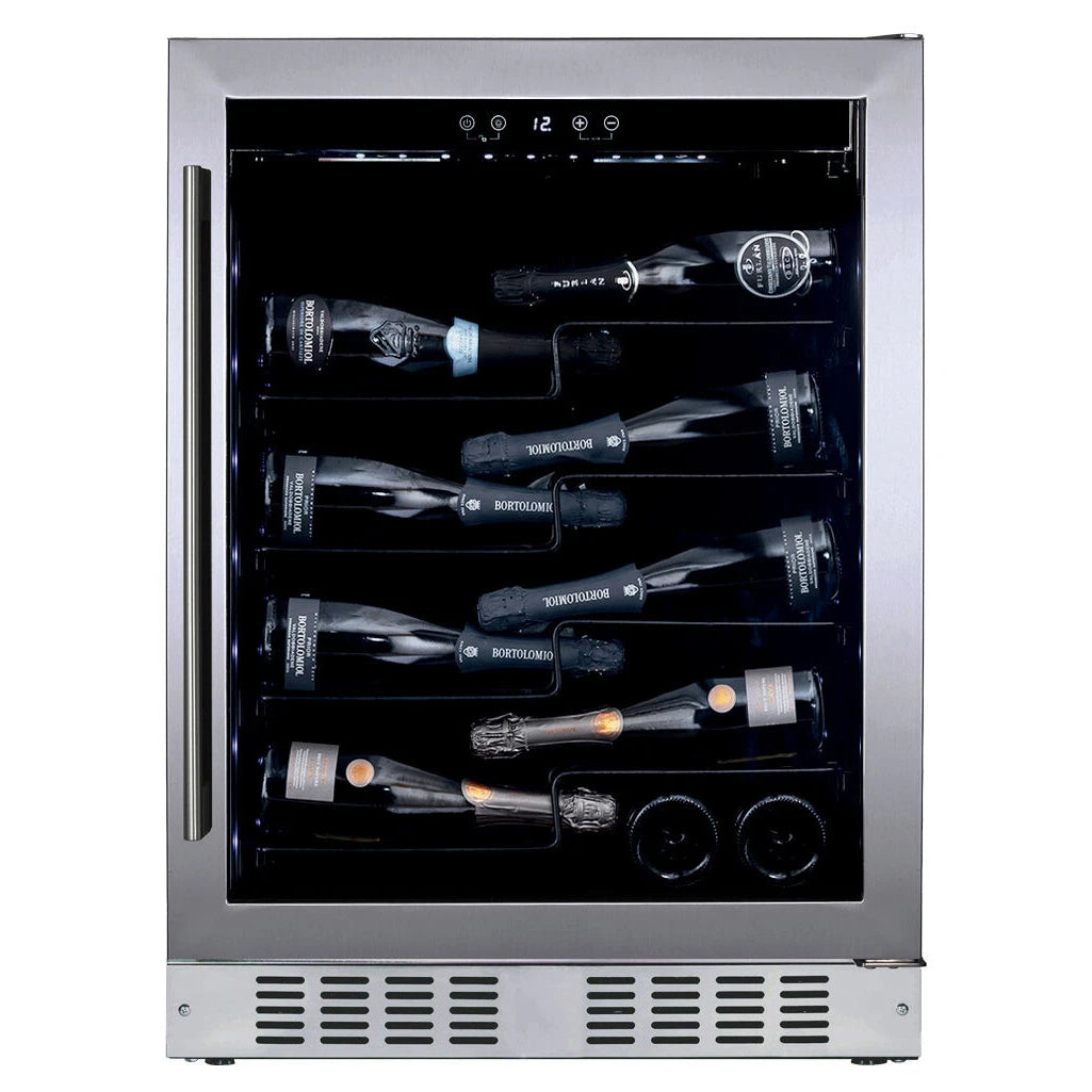 Dunavox Sera-40 Weinkühlschrank mit Edelstahlrahmen und Glastür, befüllt mit Champagnerflaschen, Frontansicht