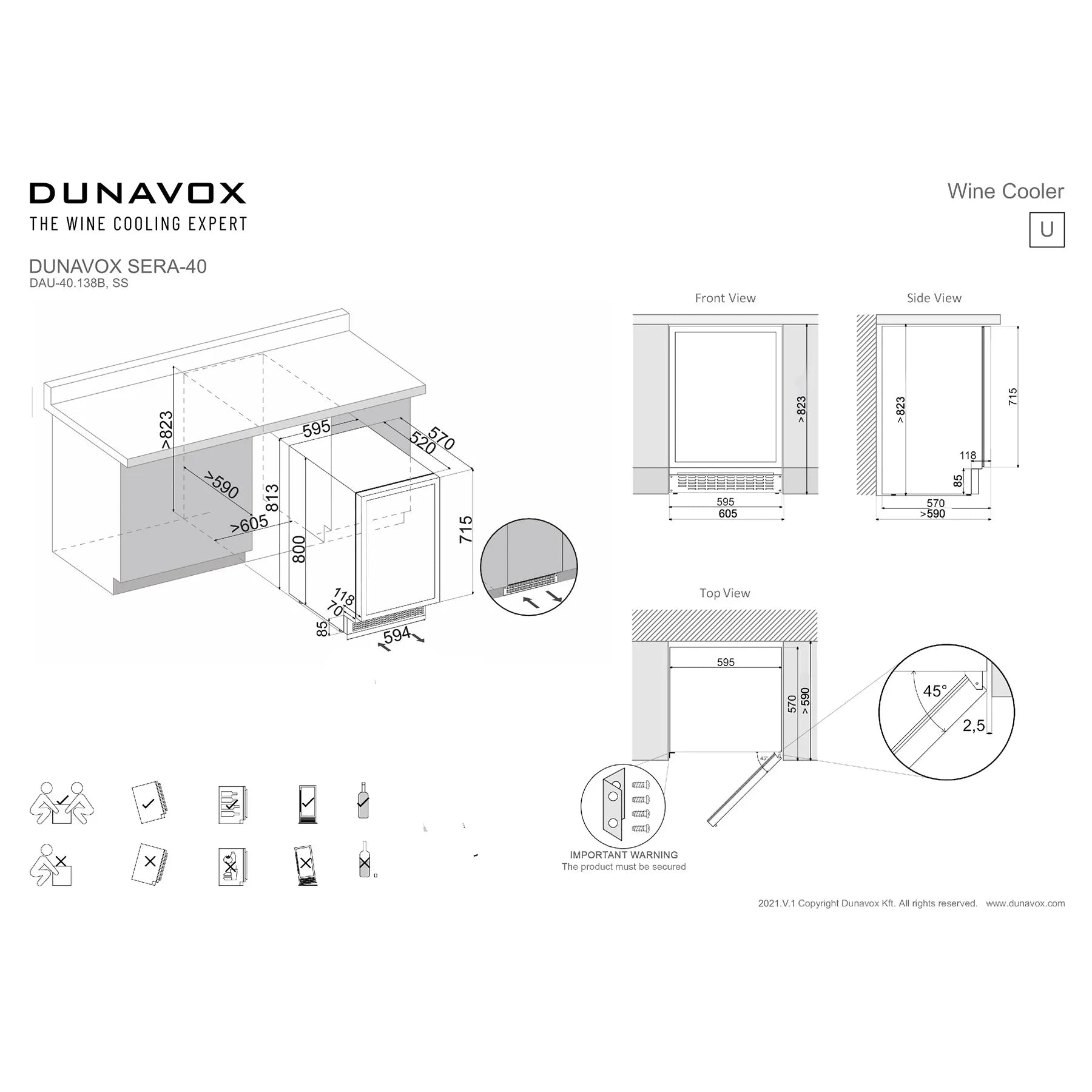 Maßzeichnung Dunavox Sera-40 Weinkühlschrank mit Vorder-, Seiten- und Draufsicht sowie Einbaumaßen für Unterbau-Installation