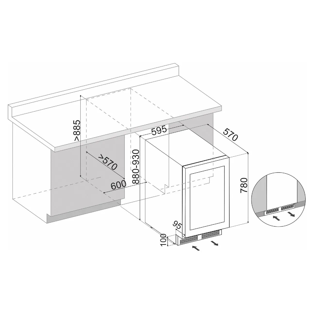 Maßzeichnung Dunavox Flow-41 Unterbau-Weinkühlschrank mit Einbaumaßen: Breite 595 mm, Tiefe 570 mm